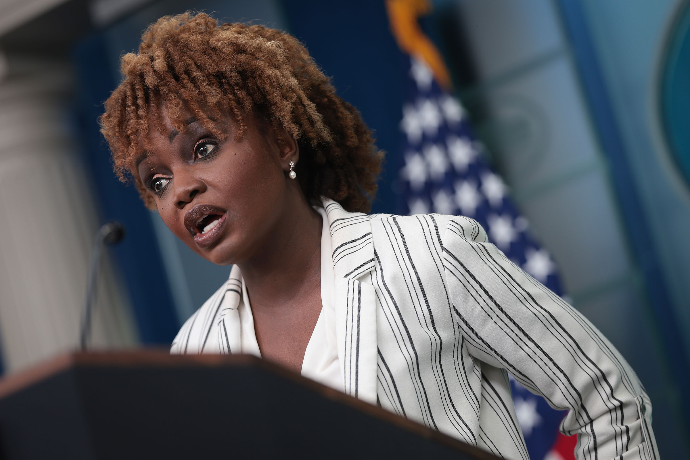 White House press secretary Karine Jean-Pierre speaks during the daily briefing at the White House  in Washington, DC on April 29.