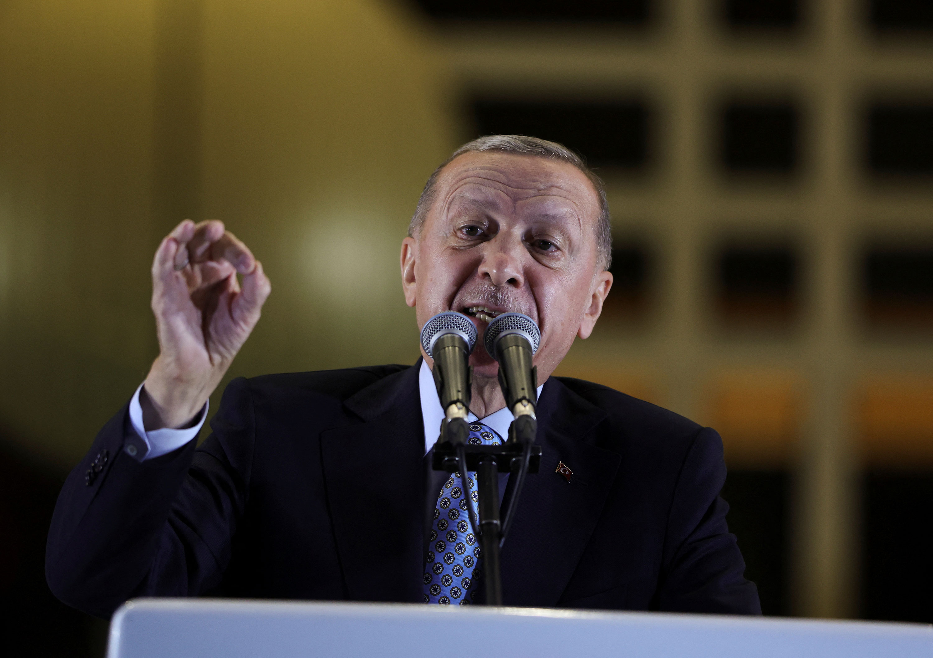 Turkish President Tayyip Erdogan addresses his supporters at the Presidential Palace in Ankara on May 28. 