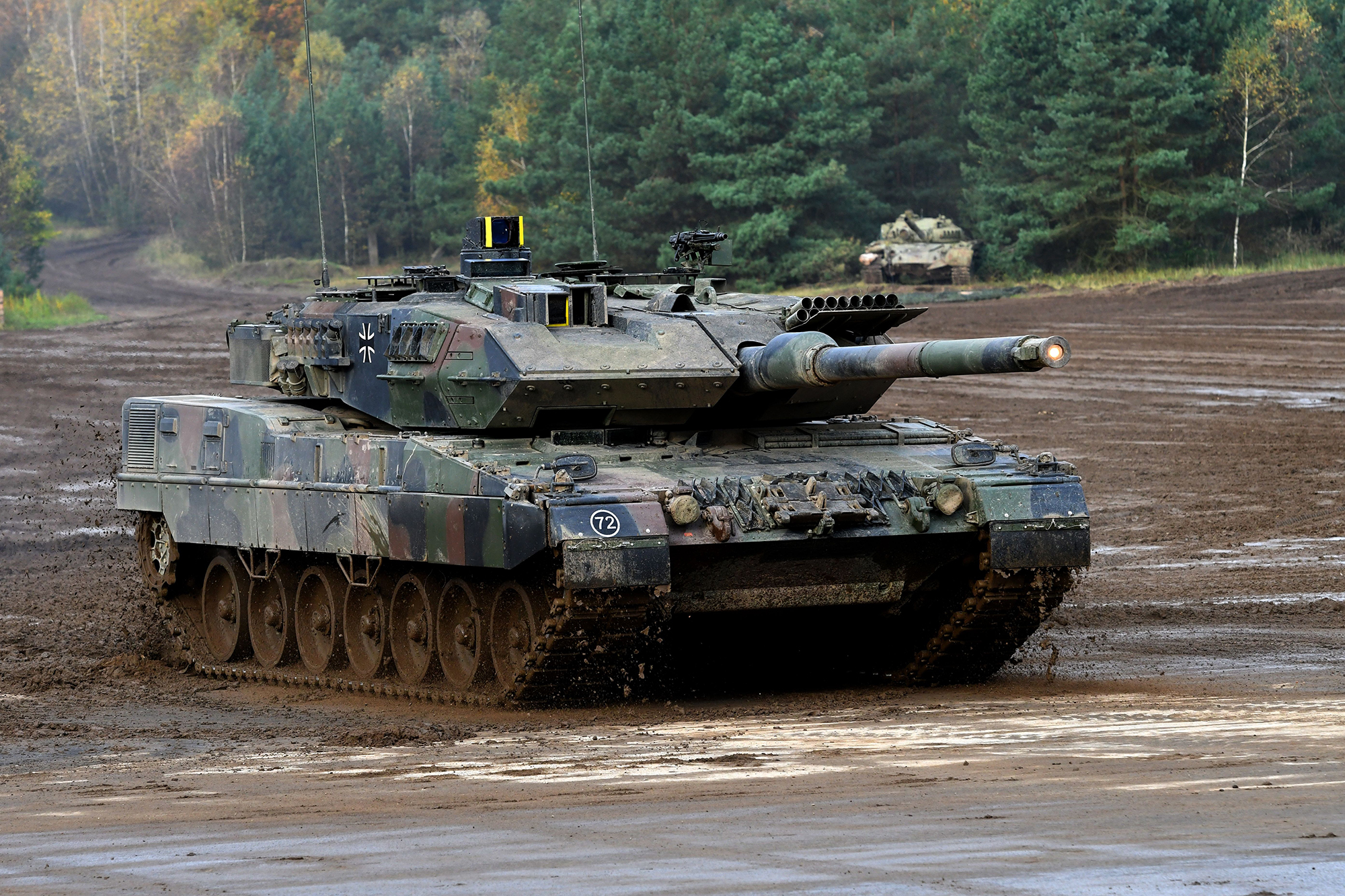 A Leopard 2 A7 tank of the German armed forces drives at the military training area in Munster, northern Germany, on October 13, 2017.