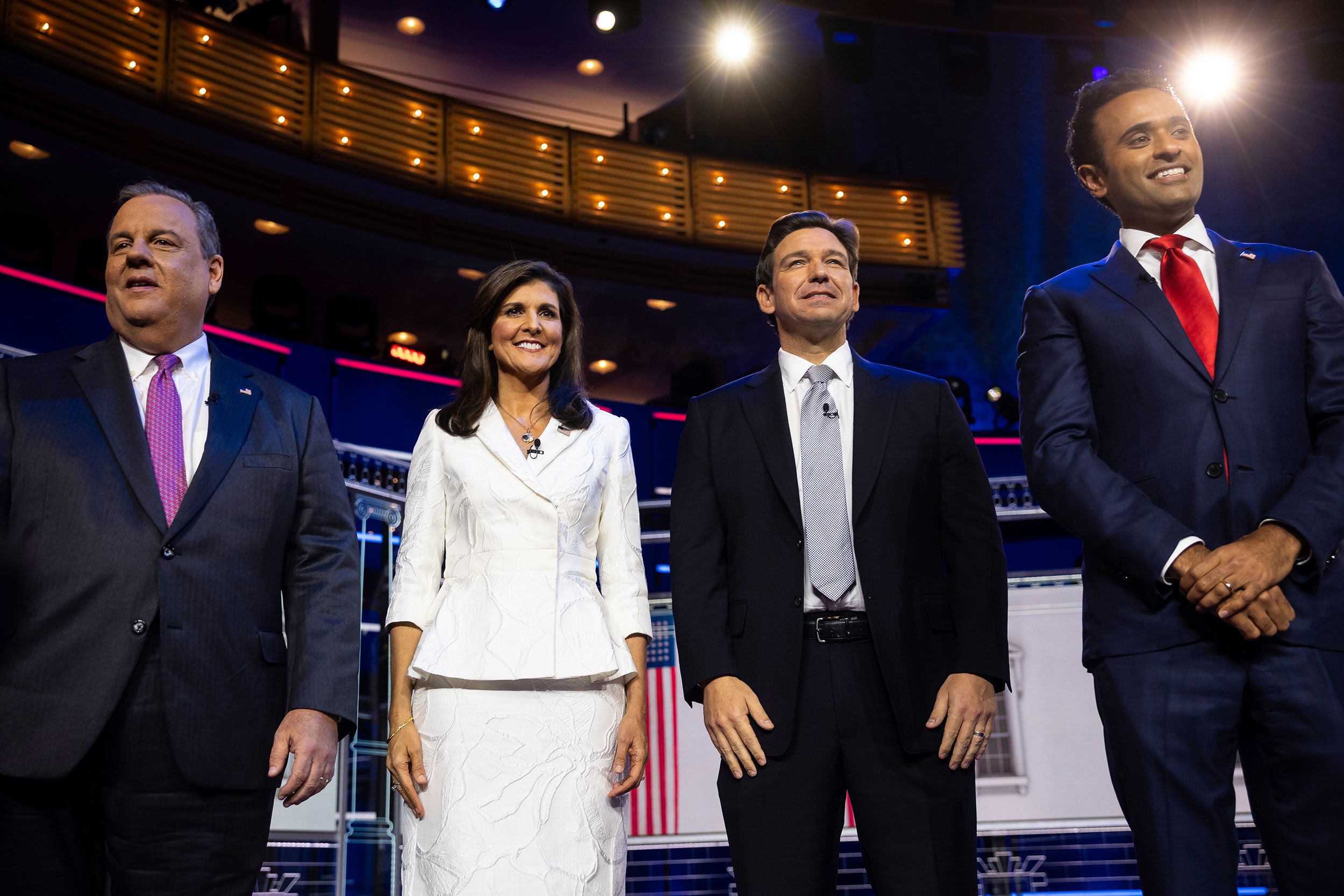 From left, Republican presidential candidates Chris Christie, Nikki Haley, Ron DeSantis, Vivek Ramaswamy are seen as they take the stage for the third 2024 Republican presidential primary debate at the Adrienne Arsht Center for the Performing Arts in Miami, Florida, on November 8.