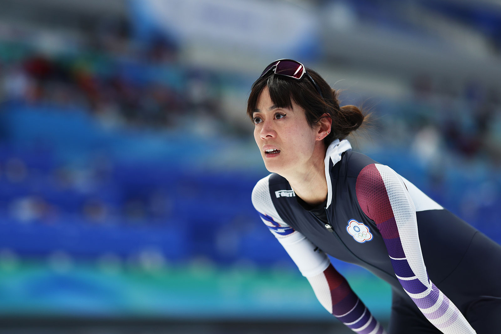 Taiwan's Huang Yu-Ting reacts after skating in the 1,000 meters speed skating event on February 17.