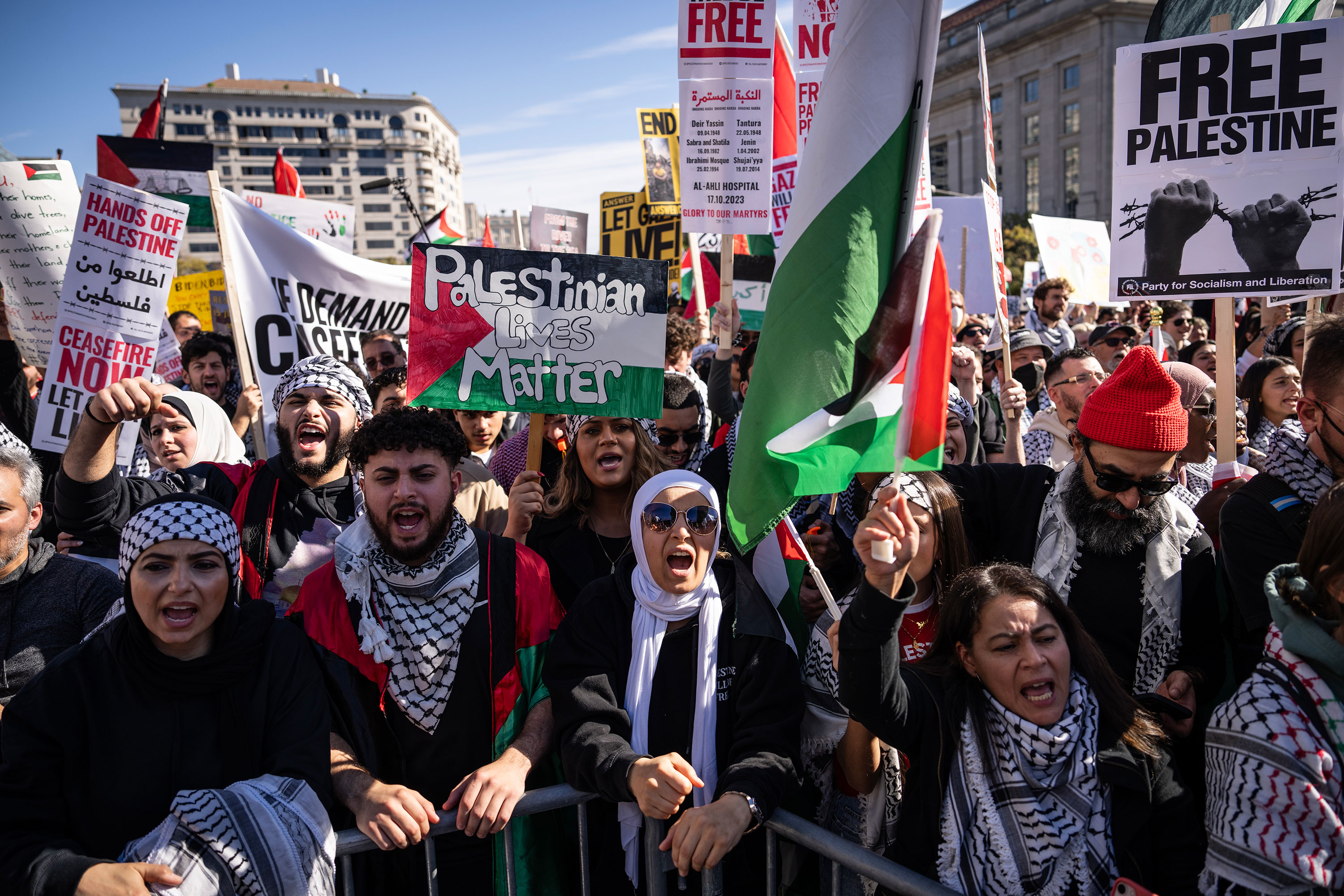Pro-Palestinian protesters rally at Freedom Plaza in Washington, DC, on November 4. 