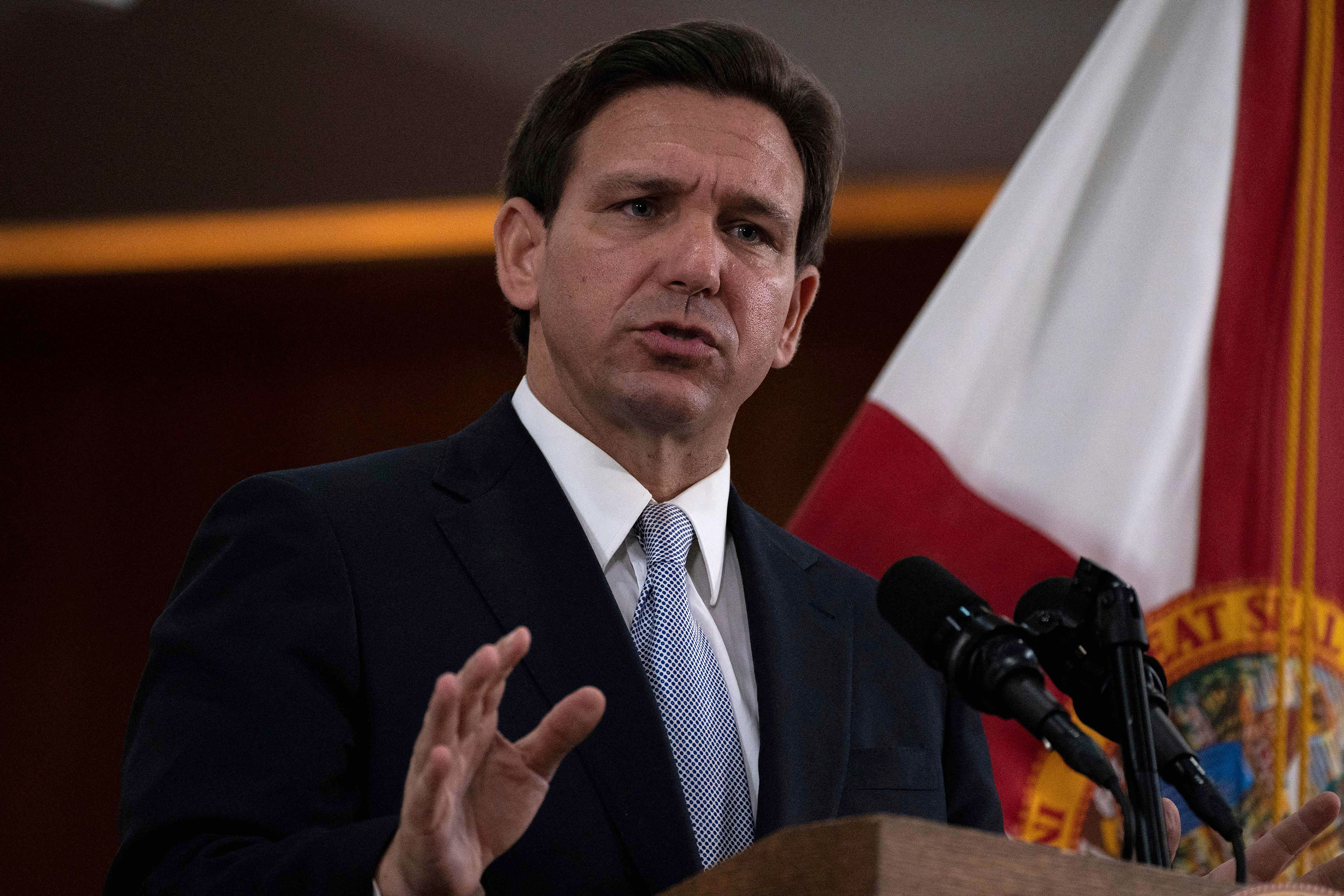 Florida Governor Ron DeSantis answers questions from the media at the Florida State Capitol in Tallahassee, Florida, on March 7. 