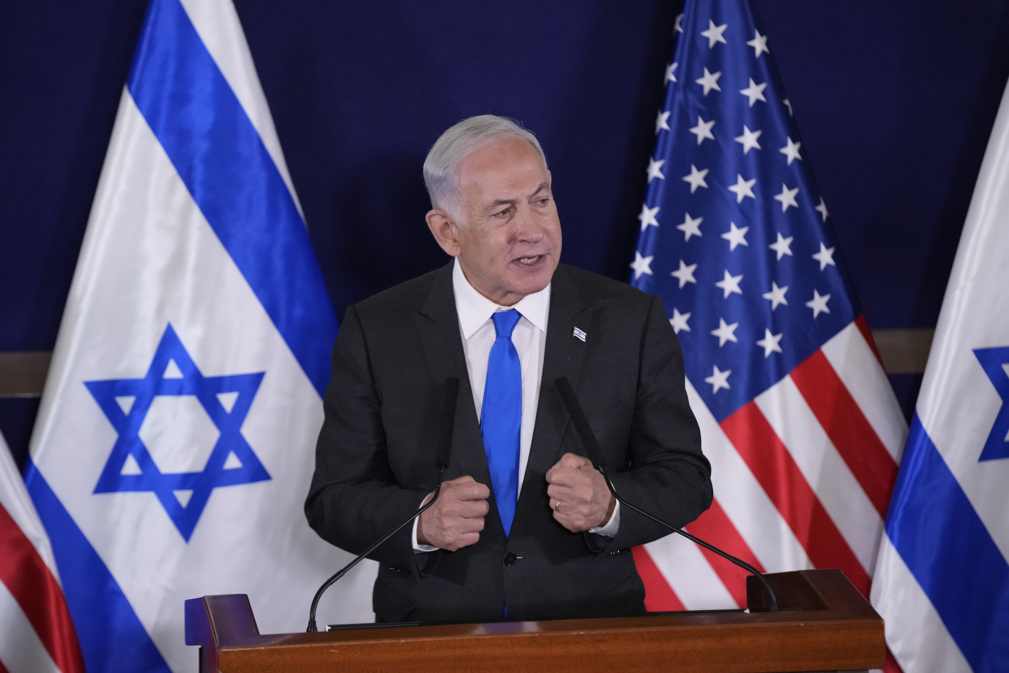 Israel's Prime Minister Benjamin Netanyahu speaks to the media inside The Kirya, in Tel Aviv, Israel, on October 12.