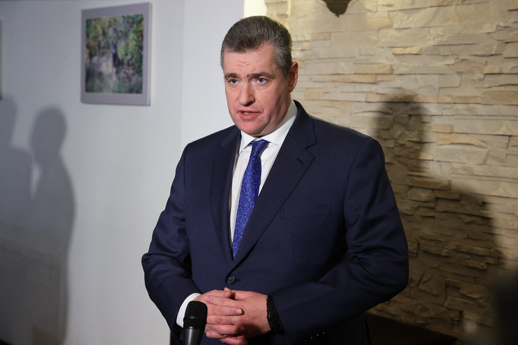 Leonid Slutsky, a Russian delegation member for the Ukraine-Russia talks, speaks to the media on March 7 in Belarus. 