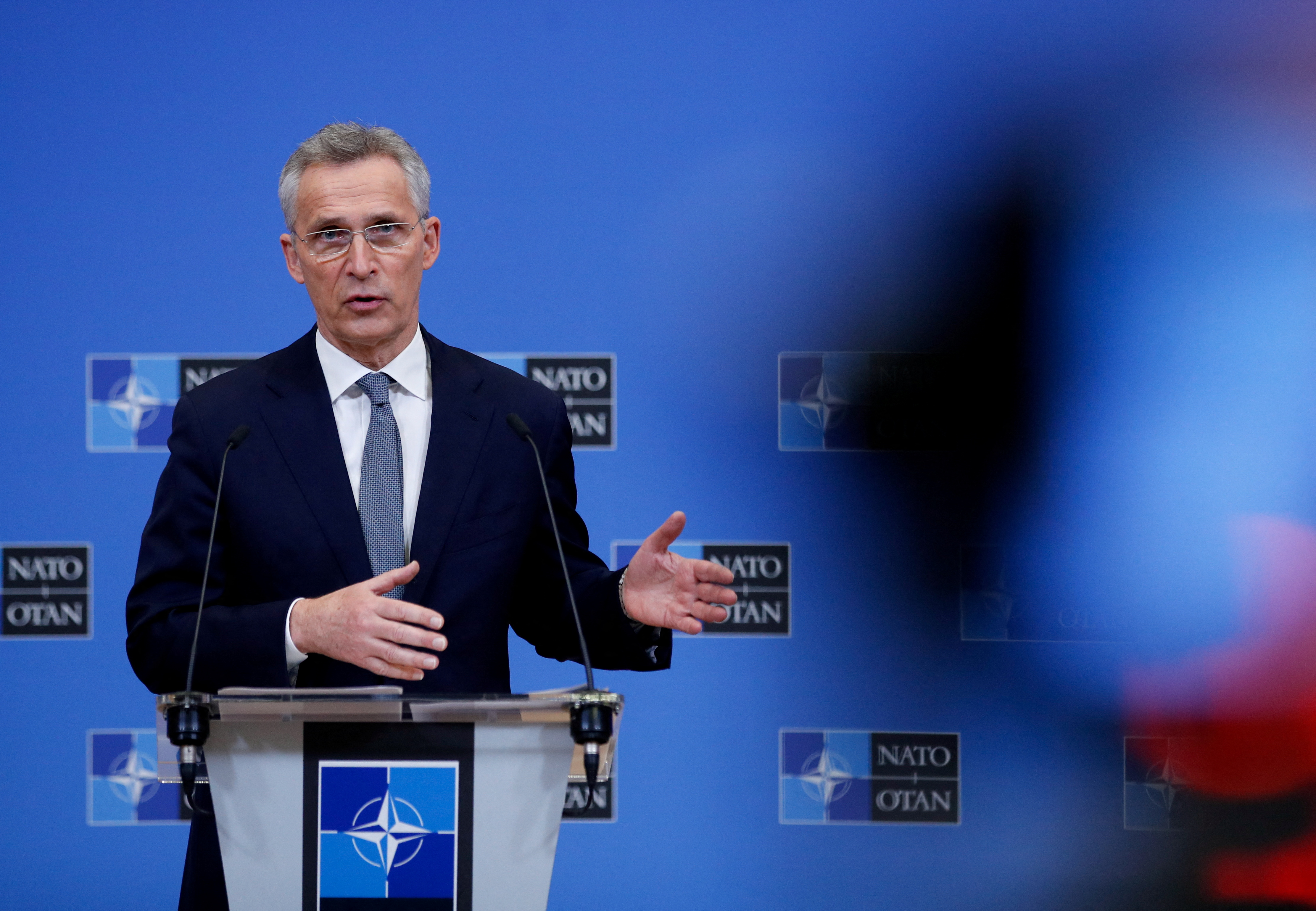 NATO Secretary-General Jens Stoltenberg gestures as he gives a news conference ahead of a meeting of NATO defence ministers in Brussels, Belgium, on February 15.