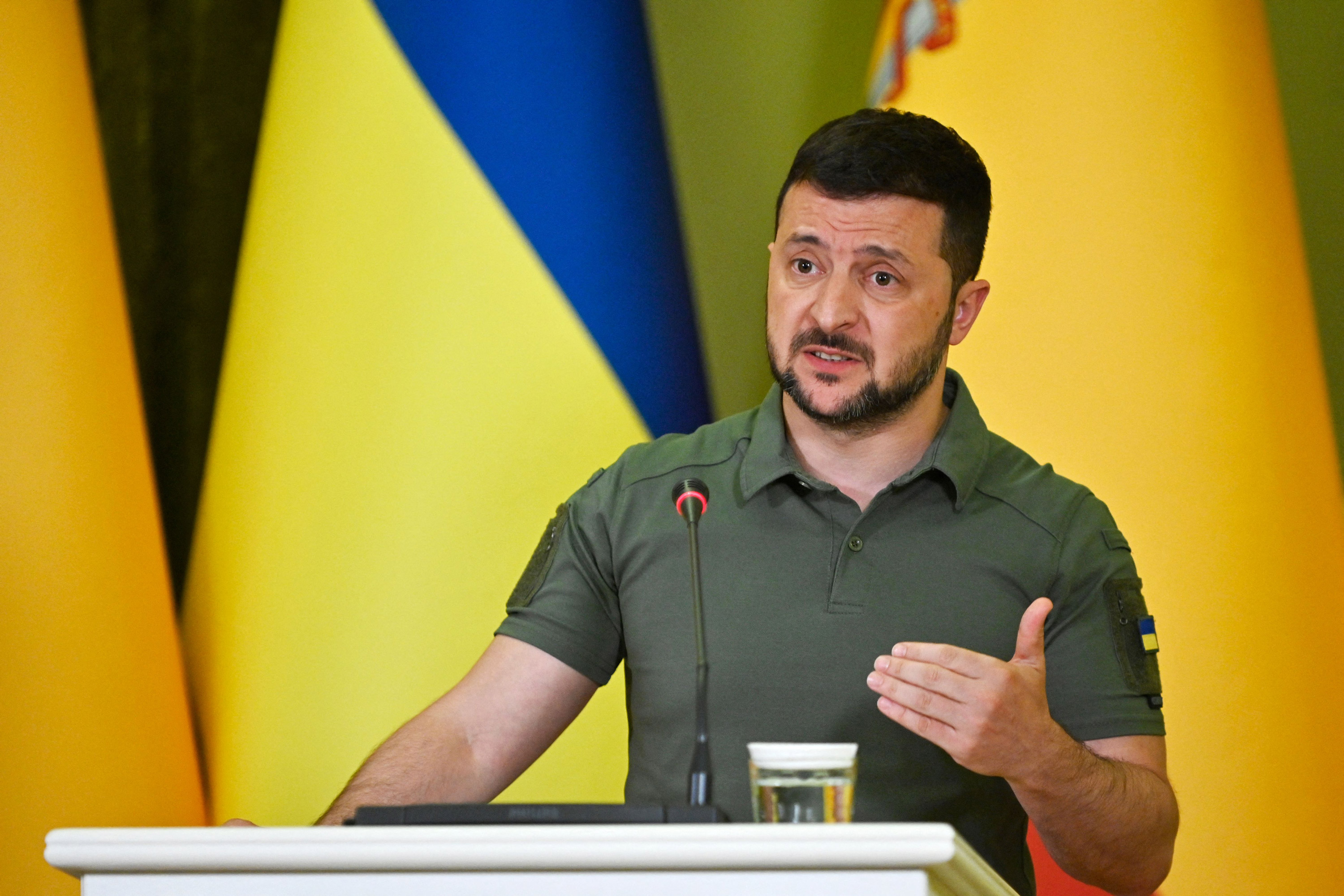 Ukrainian President Volodymyr Zelensky addresses a joint press conference with Spain's Prime Minister following their talks in Kyiv, on July 1, 2023.