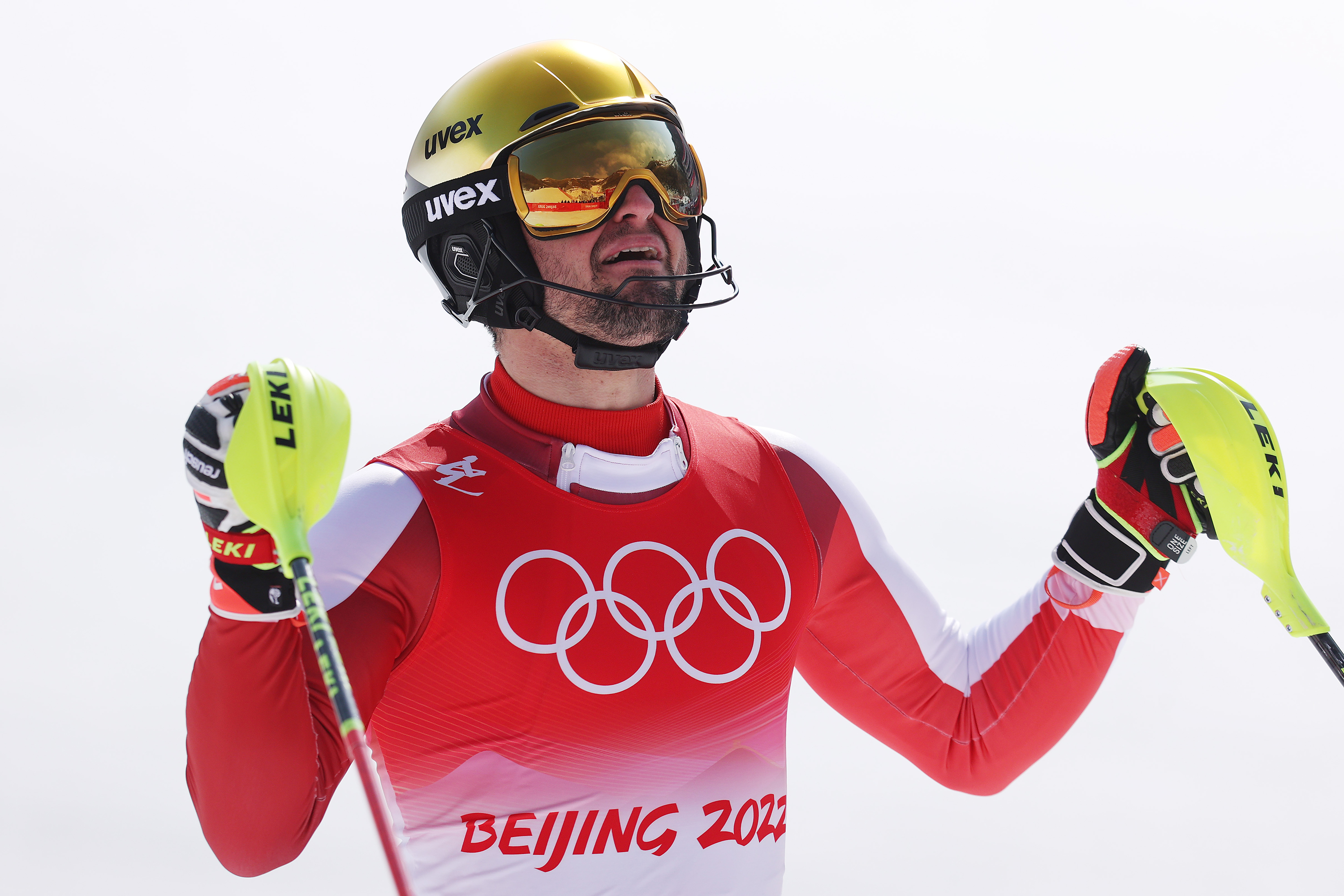 Austria’s Johannes Strolz reacts following his run during the men's alpine combined slalom on Thursday.