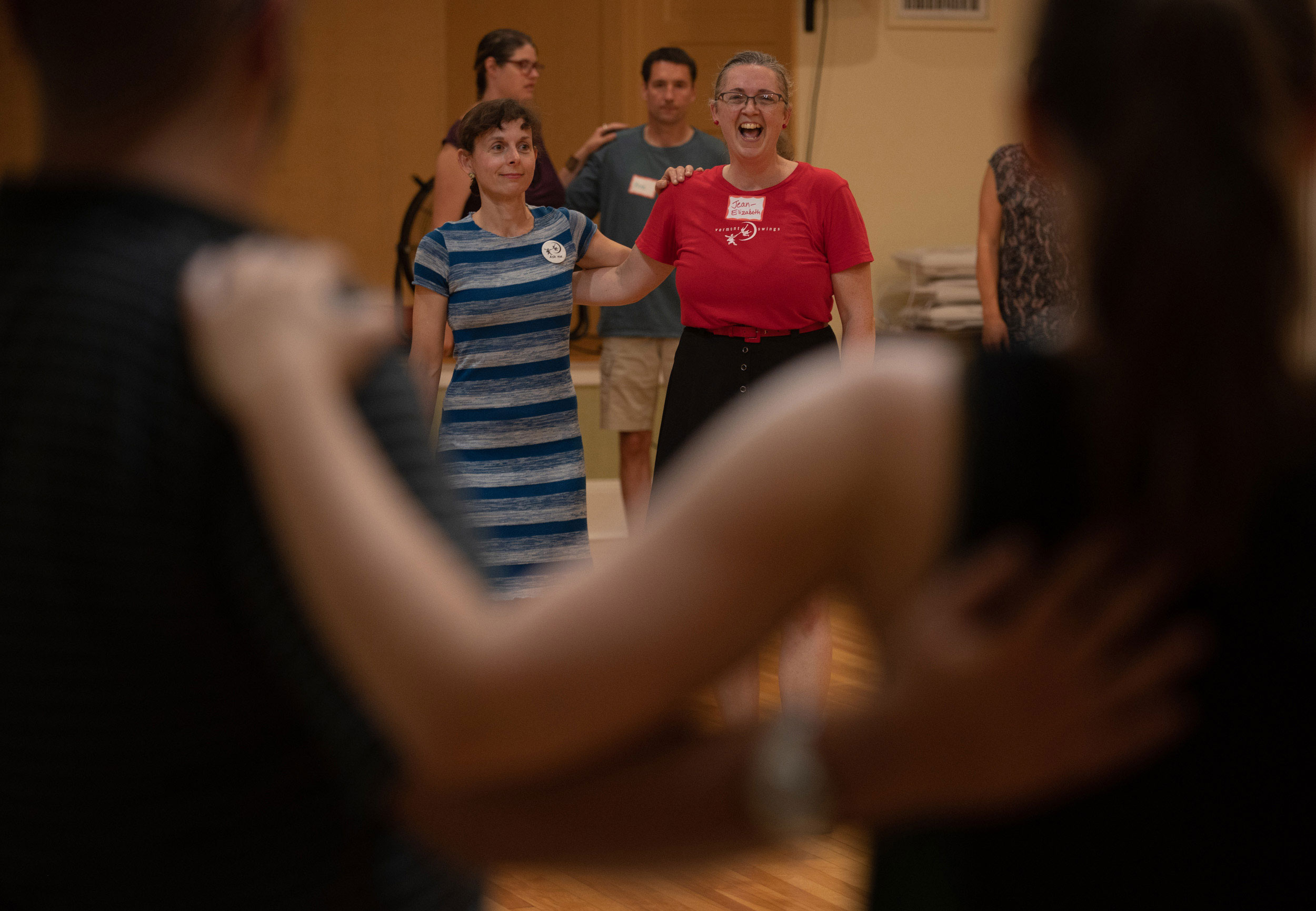 Lisa Pompei and Jean-Elizabeth Shockley lead a swing dance class at the Champlain Club in Burlington, Vermont, on June 20, 2021.