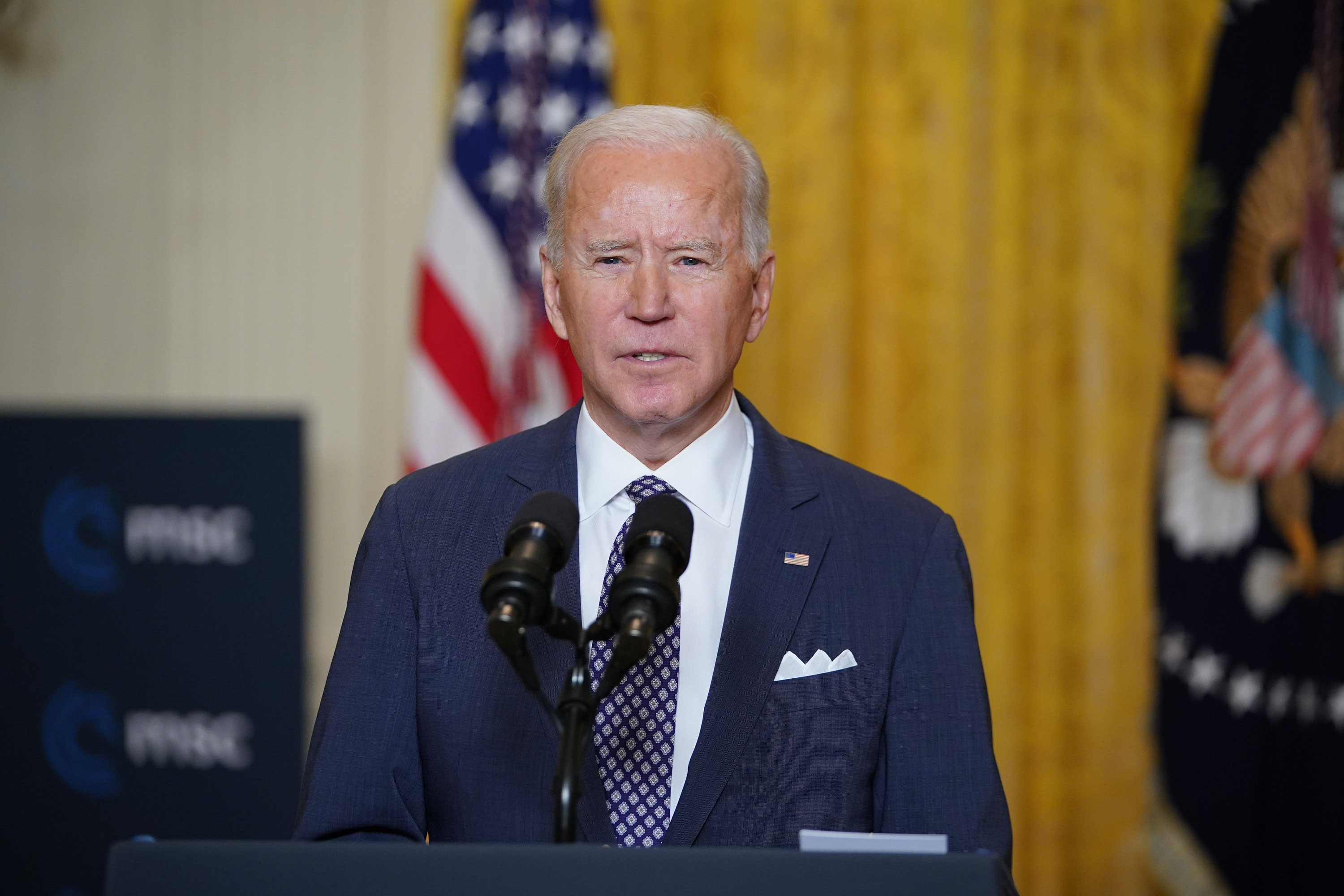 President Joe Biden speaks from the East Room of the White House in Washington, DC, on February 19.