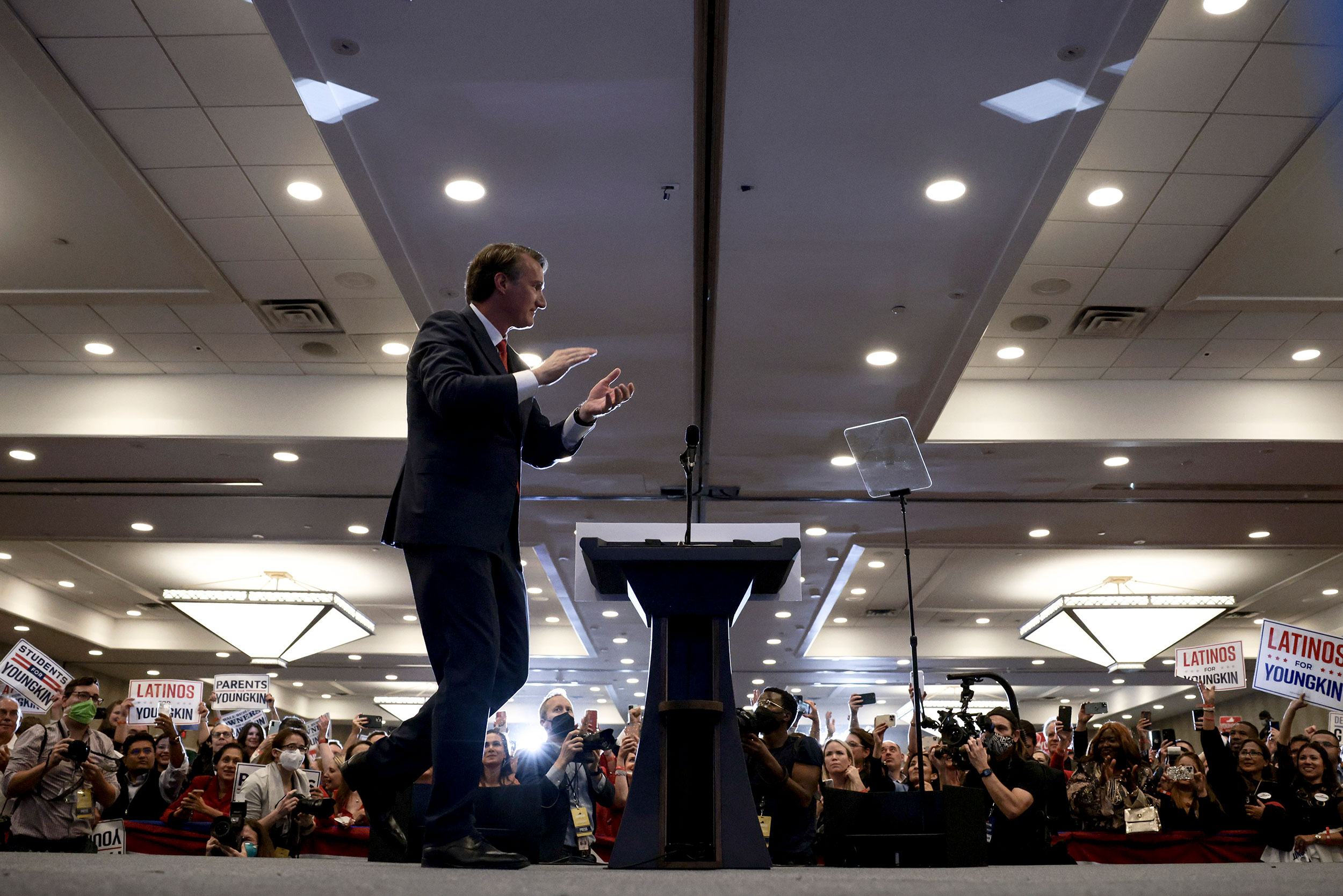 Glenn Youngkin walks onstage to address supporters in Chantilly, Virginia, on November 2.