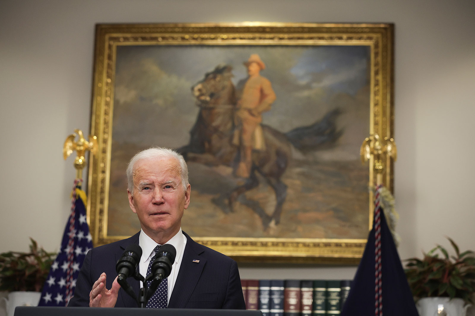 President Joe Biden delivers remarks from the White House on February 18. 