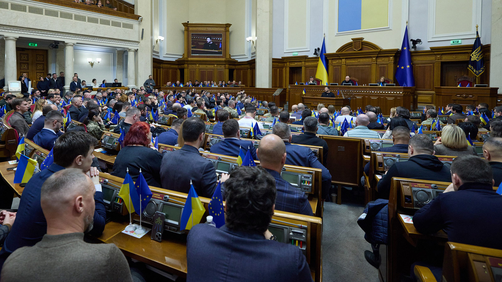 Ukrainian President Volodymyr Zelensky addresses the Ukrainian Parliament in Kyiv, Ukraine, on December 28. 