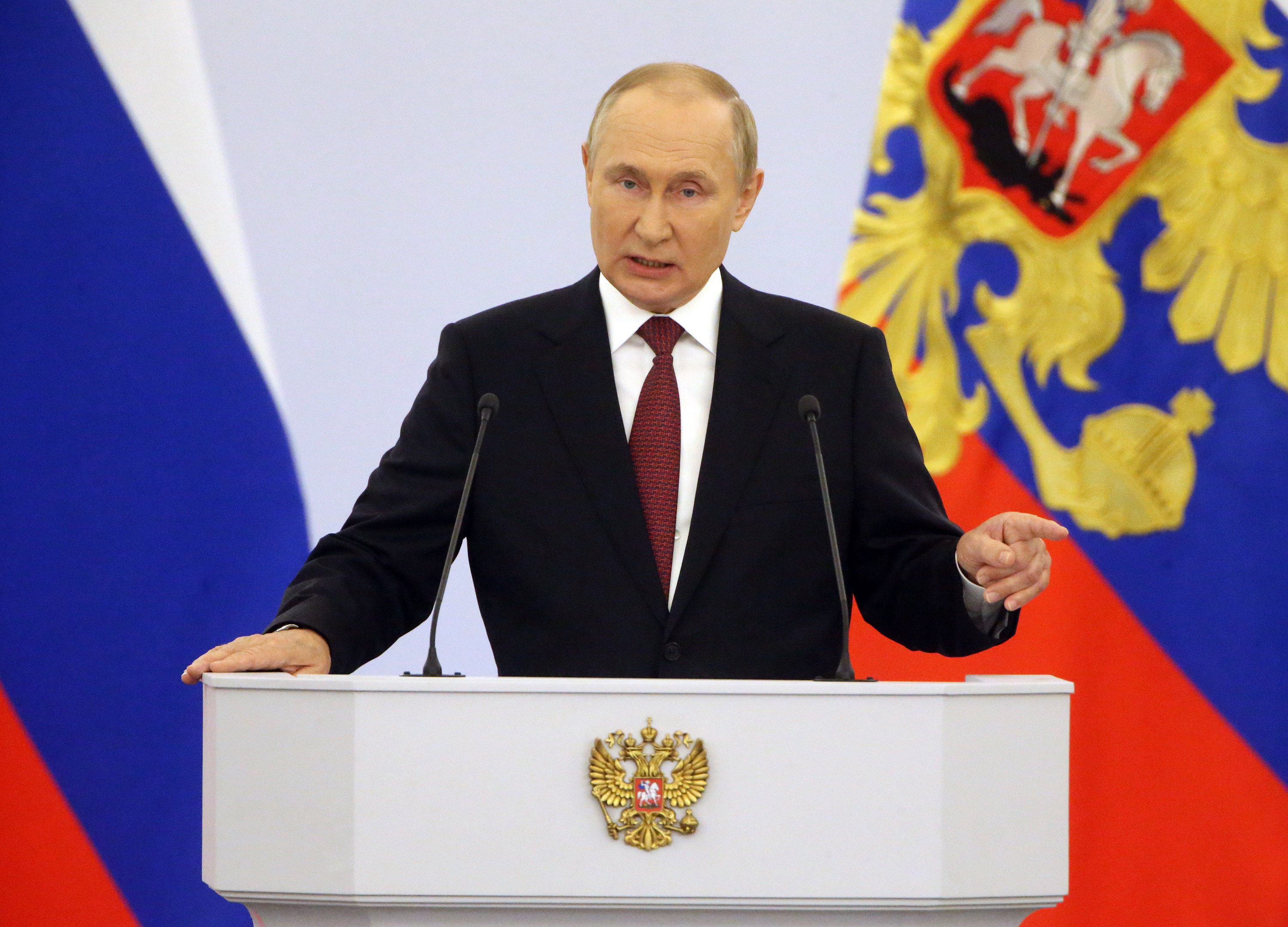 Russian President Vladimir Putin speaks during the signing ceremony with separatist leaders on the annexation of four Ukrainian regions at the Grand Kremlin Palace, on September 30, in Moscow, Russia.