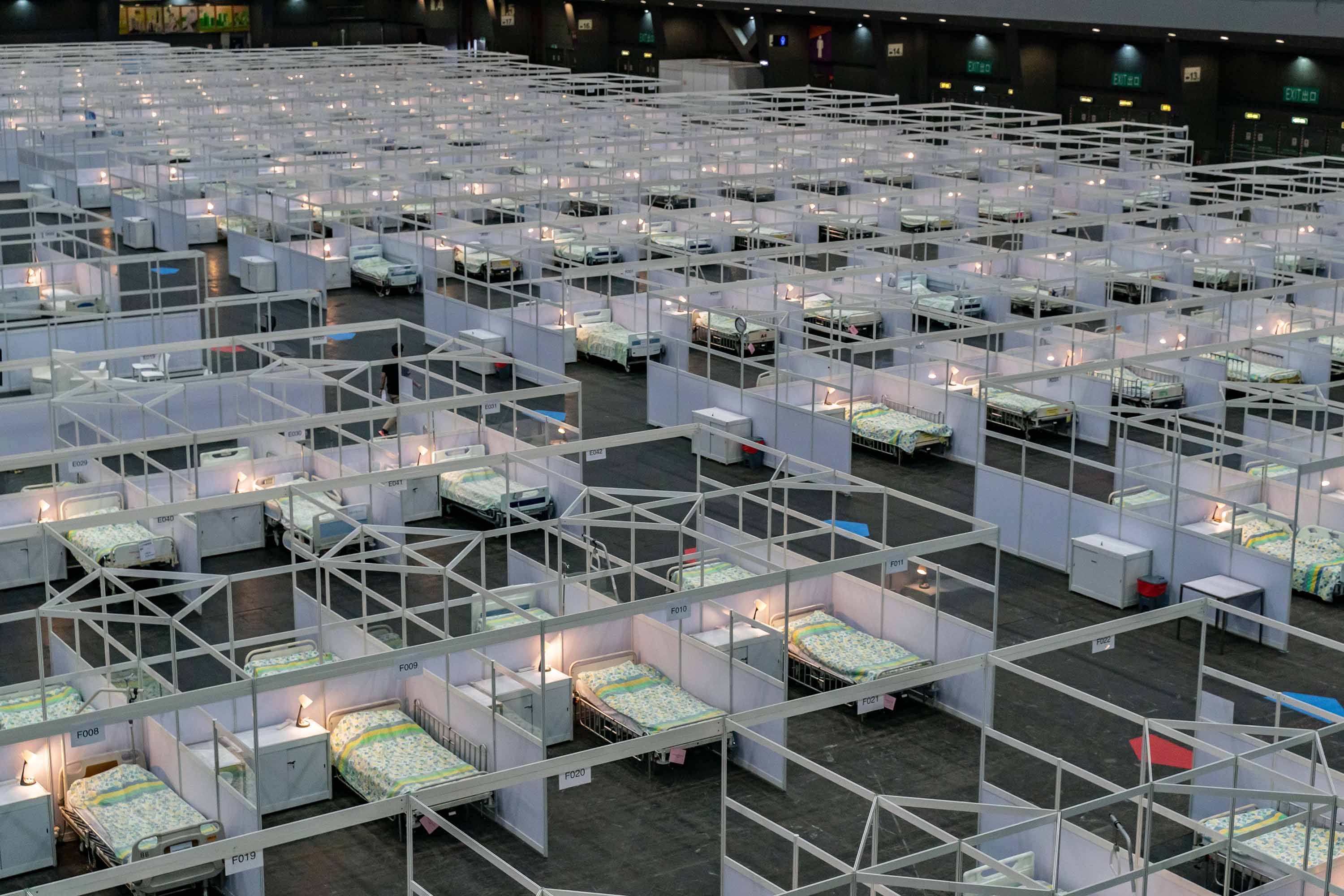 Beds are seen at a temporary field hospital set up at Asia World Expo in Hong Kong on August 1.
