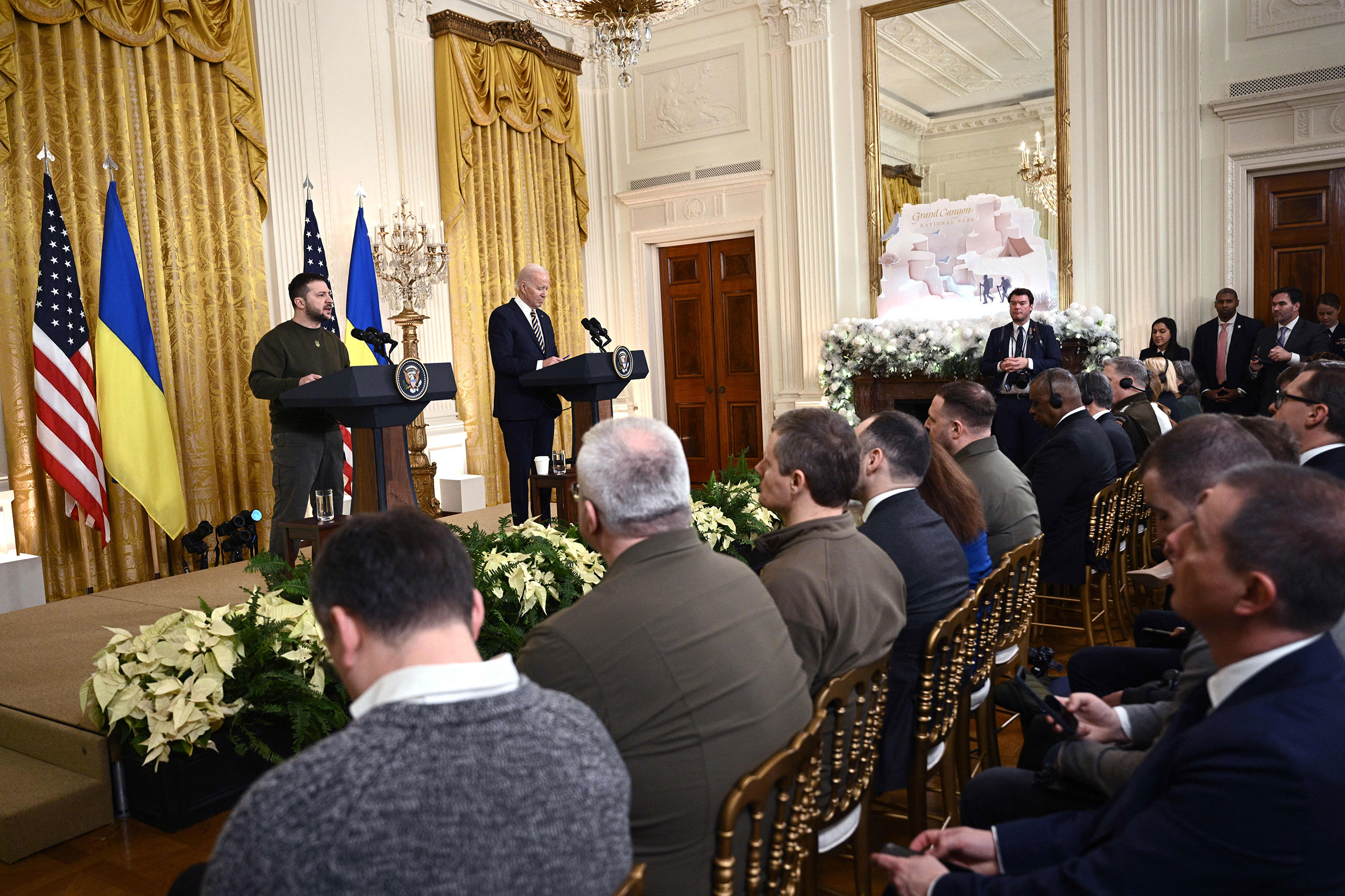 Ukraine’s President Volodymyr Zelensky speaks during a joint press conference with US President Joe Biden at the White House on Wednesday.