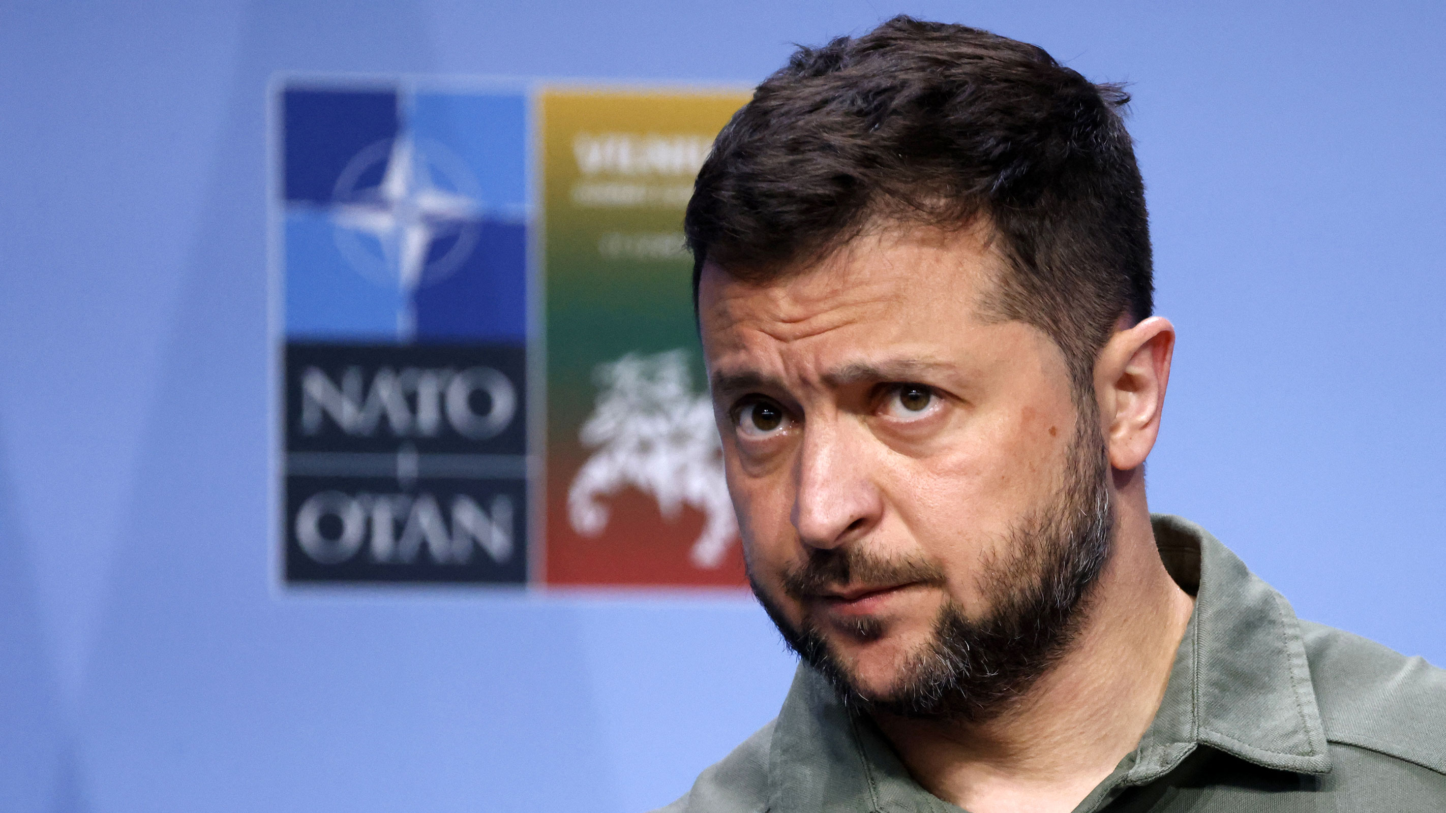 Ukraine's President Volodymyr Zelensky holds a press conference during the NATO Summit in Vilnius on July 12, 2023. 