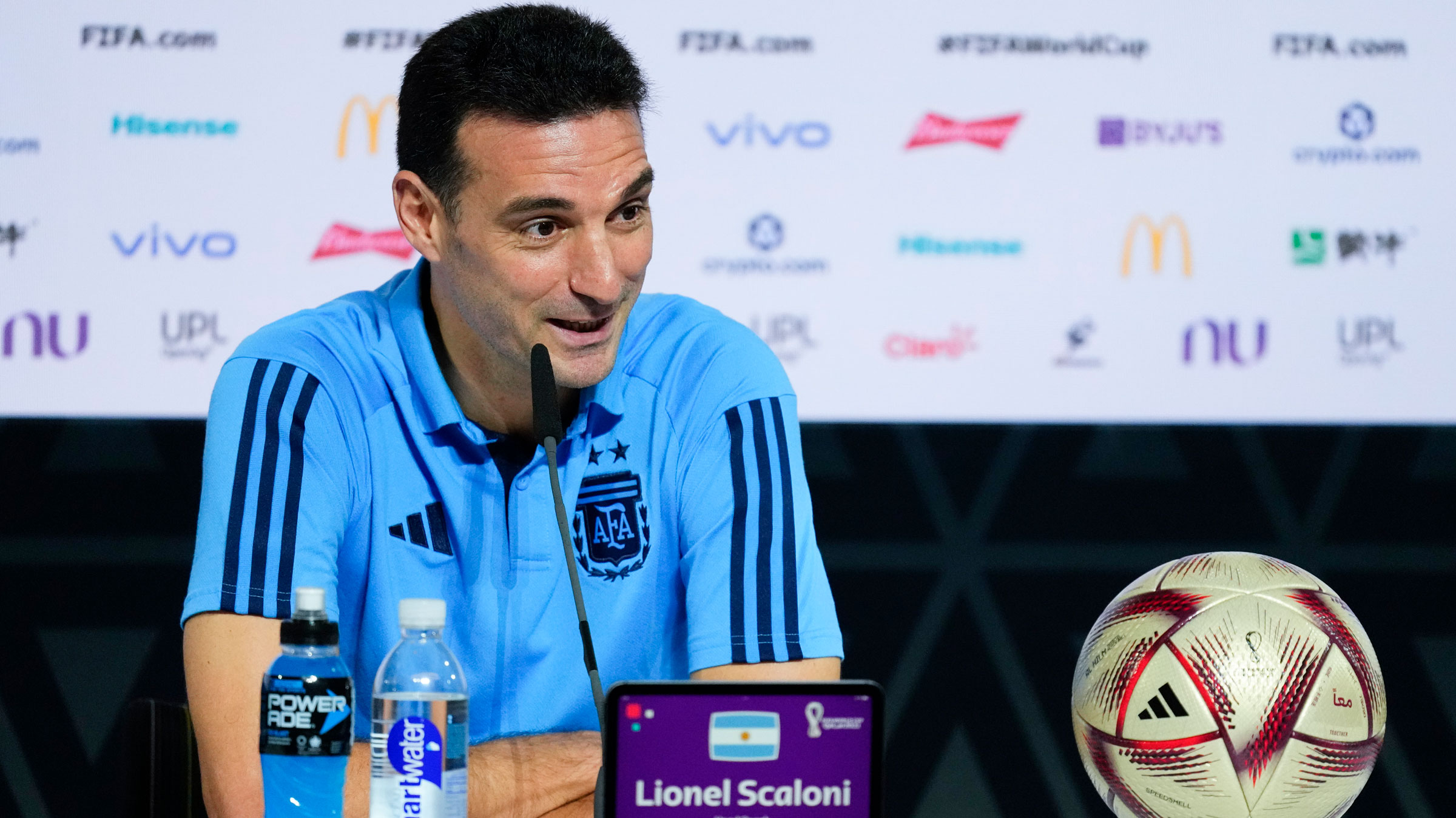 Argentina head coach Lionel Scaloni attends a news conference on Saturday. 