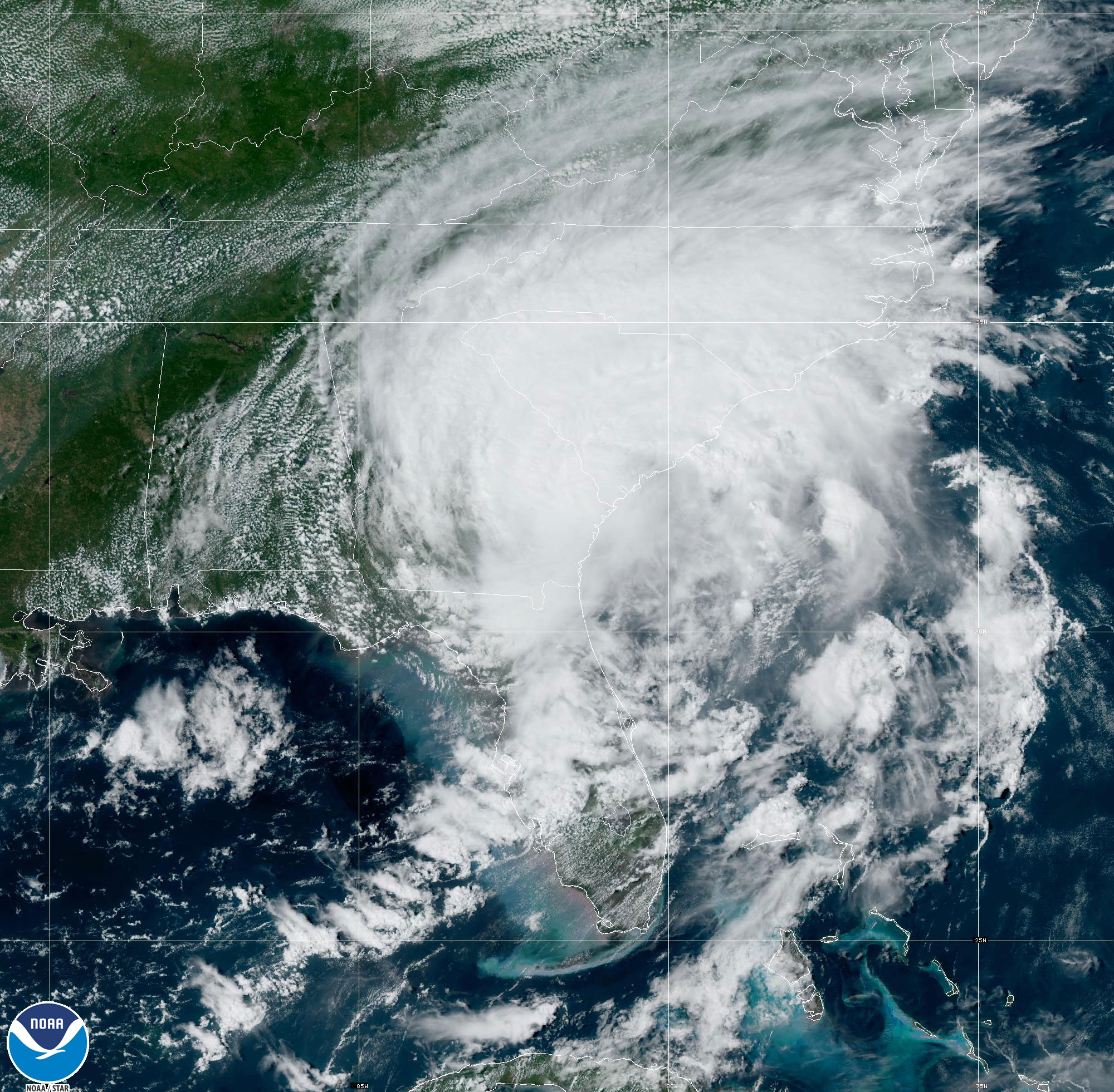 Idalia is seen mostly over Georgia and the Carolinas in this satellite image taken at 3:49 pm ET on Wednesday.