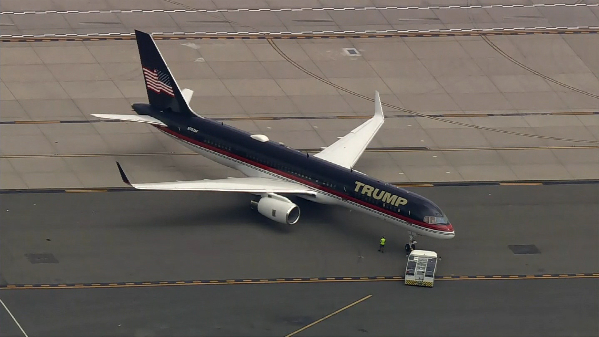 Former President Donald Trump's airplane taxis at Newark Liberty International Airport on Thursday.