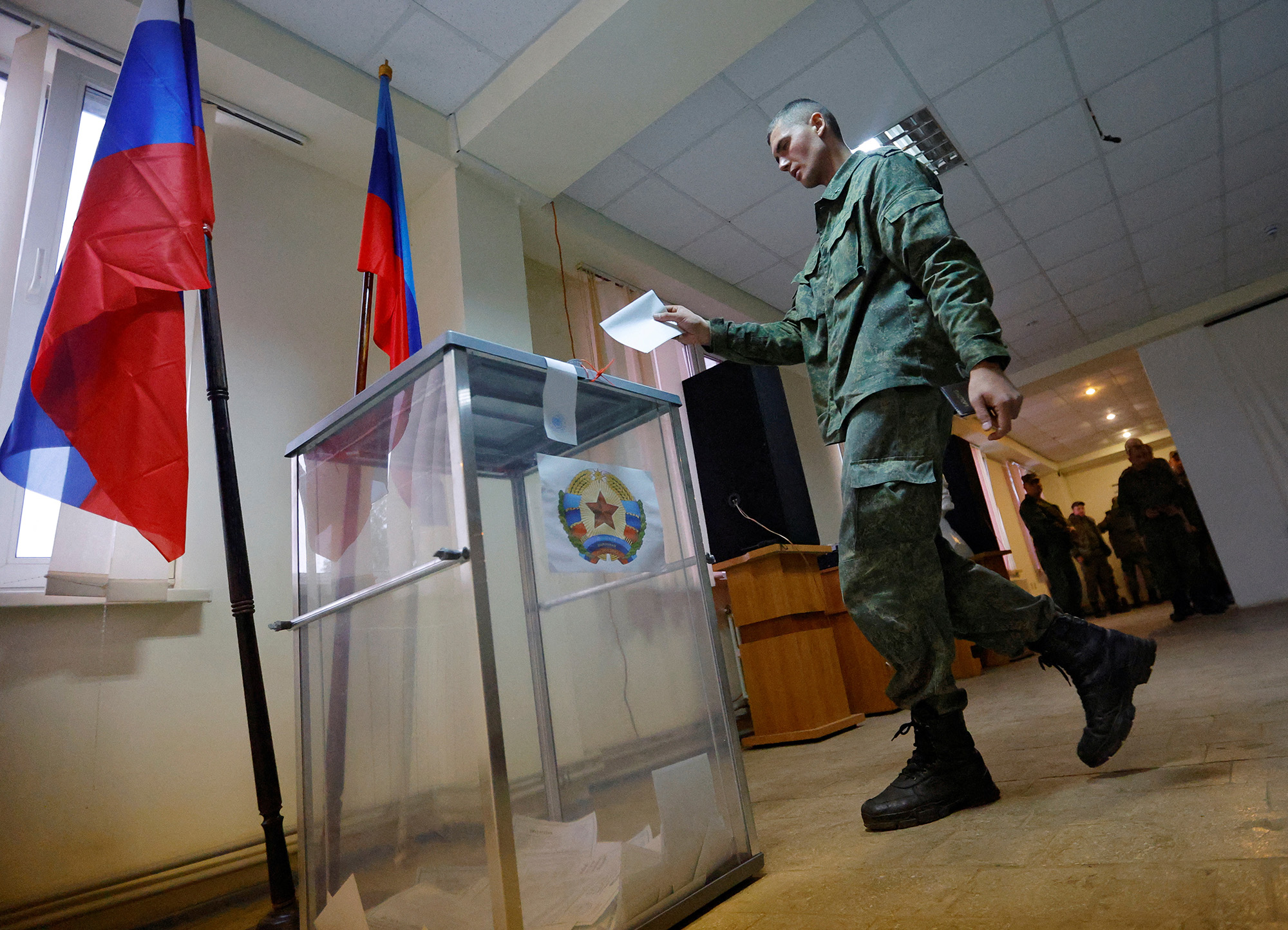 A service member of the self-proclaimed Luhansk People's Republic (LPR) votes during a referendum on joining LPR to Russia, at a military unit in Luhansk, Ukraine, on September 23.