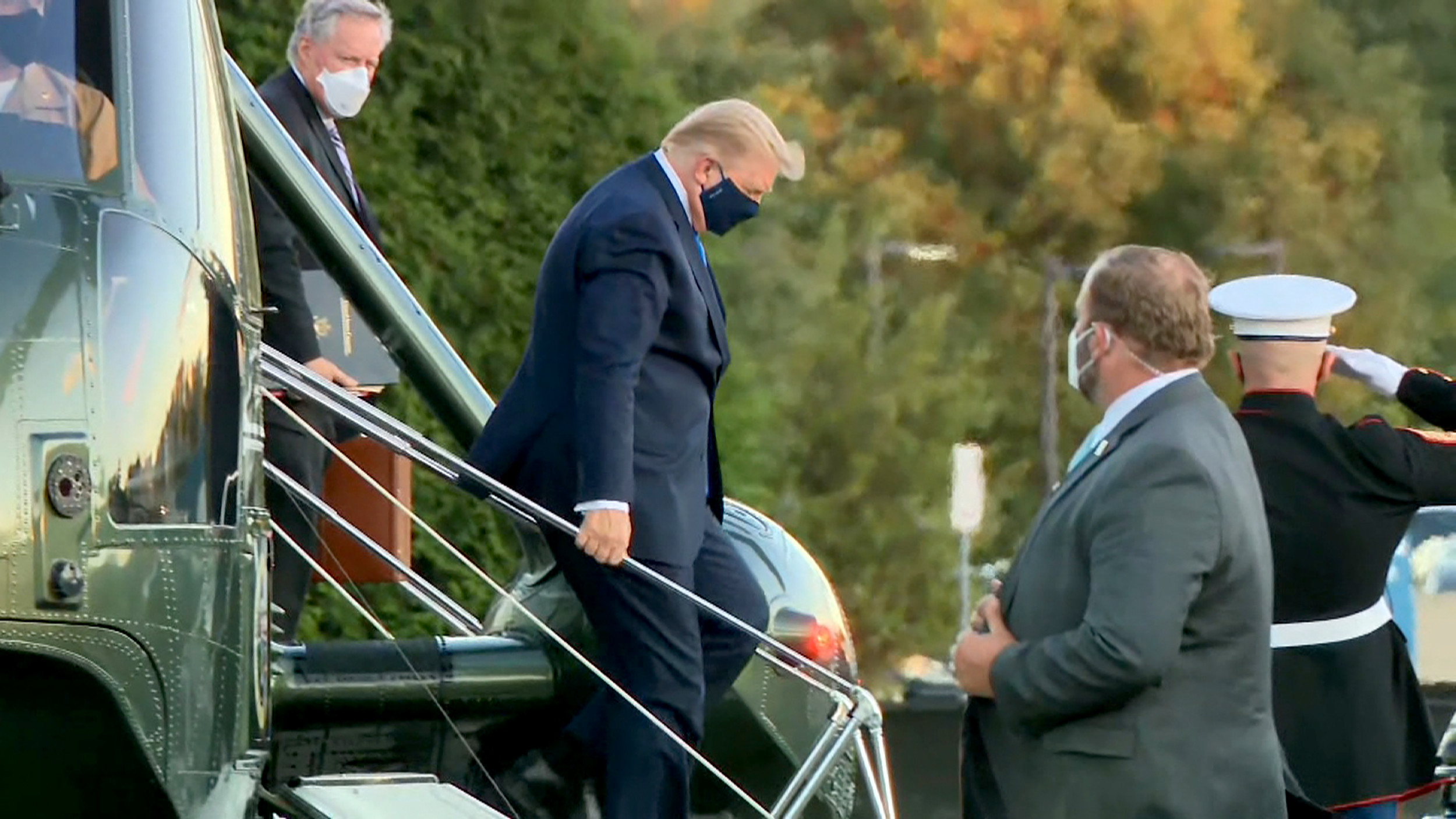 President Donald Trump arrives at Walter Reed Medical Center on October 2 in Bethesda, Maryland. 