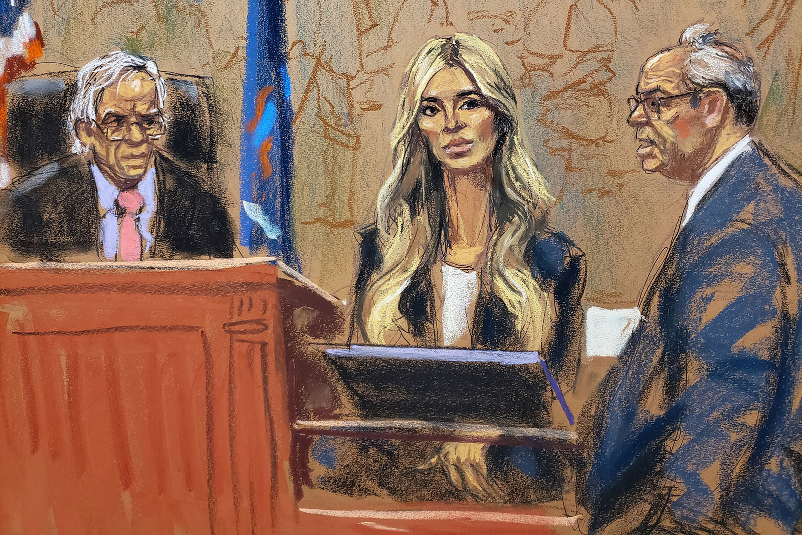 In this court sketch, Louis Solomon, a lawyer for the attorney general's office, questions Ivanka Trump on the witness stand during Wednesday's proceedings.