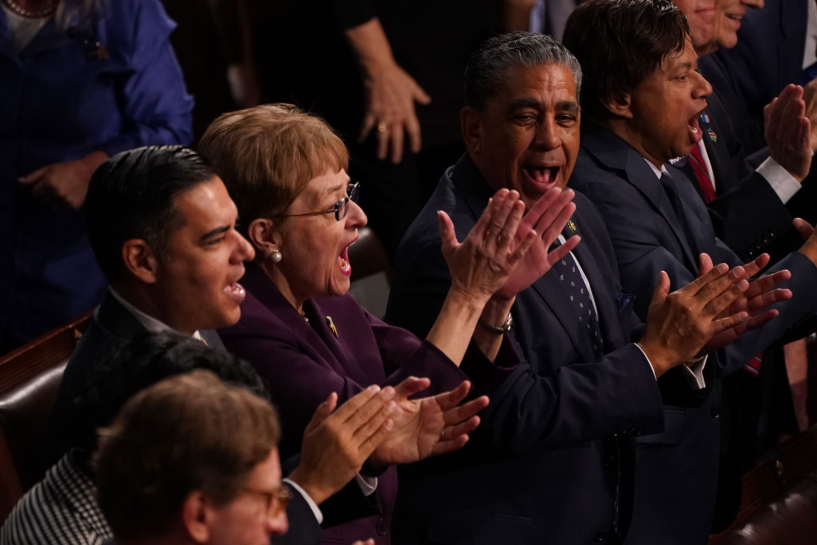 Members of Congress cheer as Biden speaks.