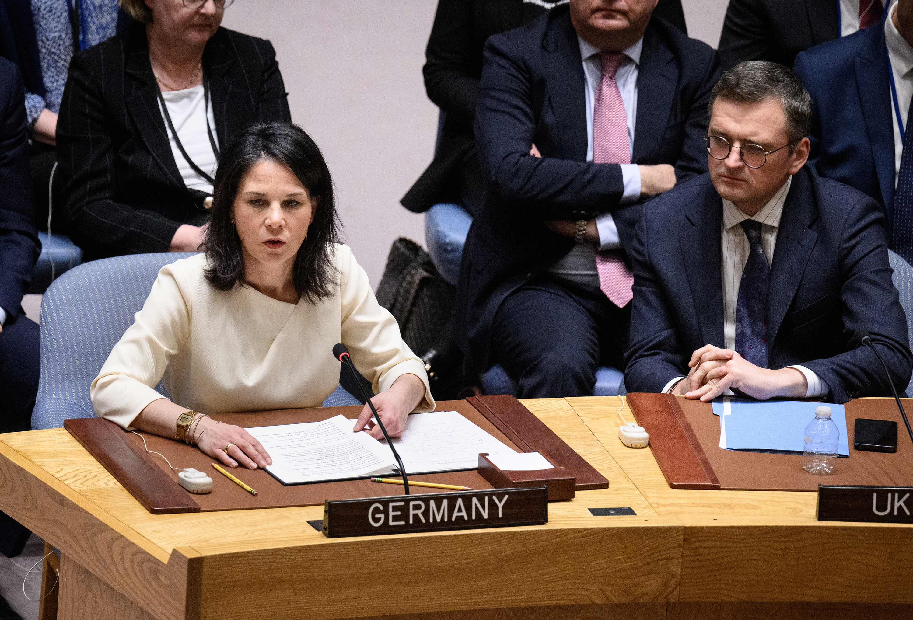 German Foreign Minister Annalena Baerbock speaks at the special session of the United Nations Security Council on maintaining peace and security in Ukraine on February 23, in New York.