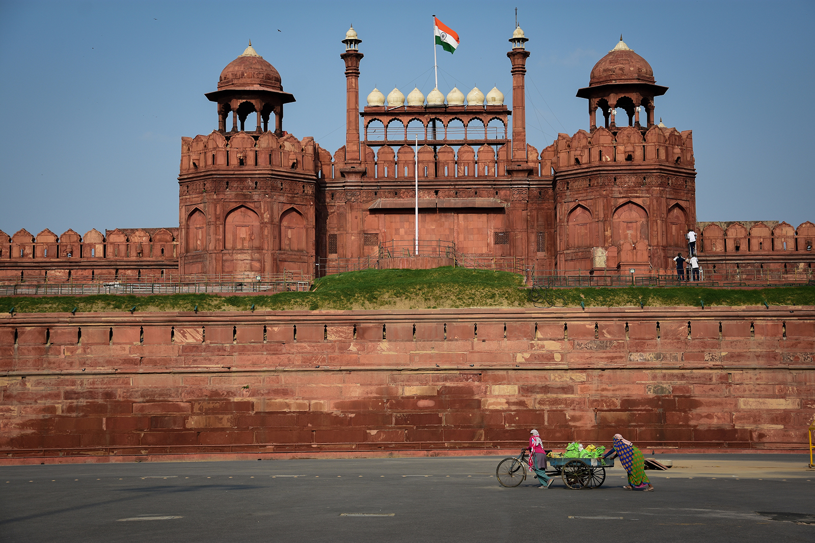 Workers are building a stand outside the Red Fort in preparation for the 73rd Independence Day in Delhi, India on July 15.