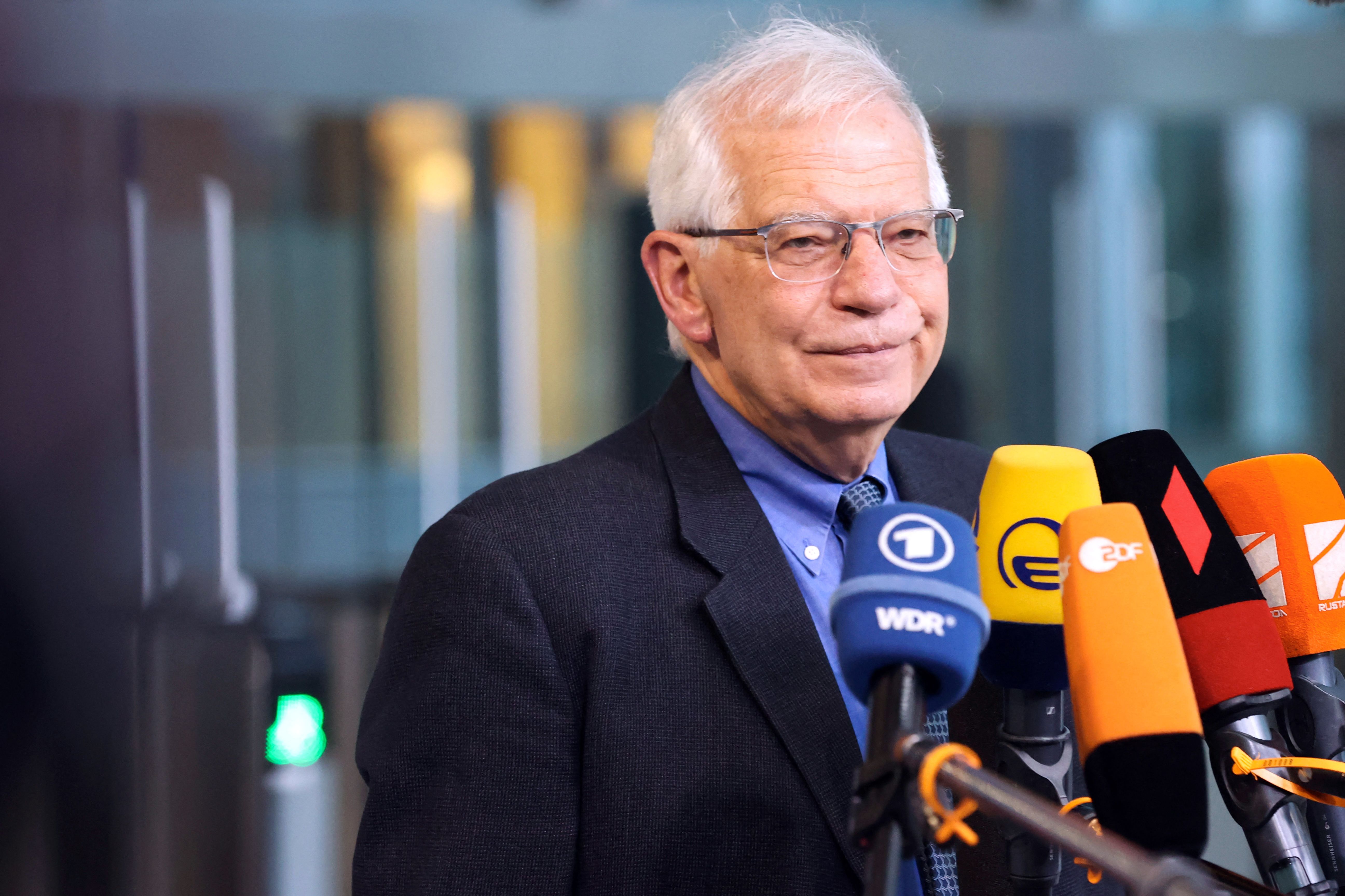 EU foreign policy chief Josep Borrell speaks to the media as he arrives for a meeting of NATO foreign ministers at NATO headquarters in Brussels on April 7.