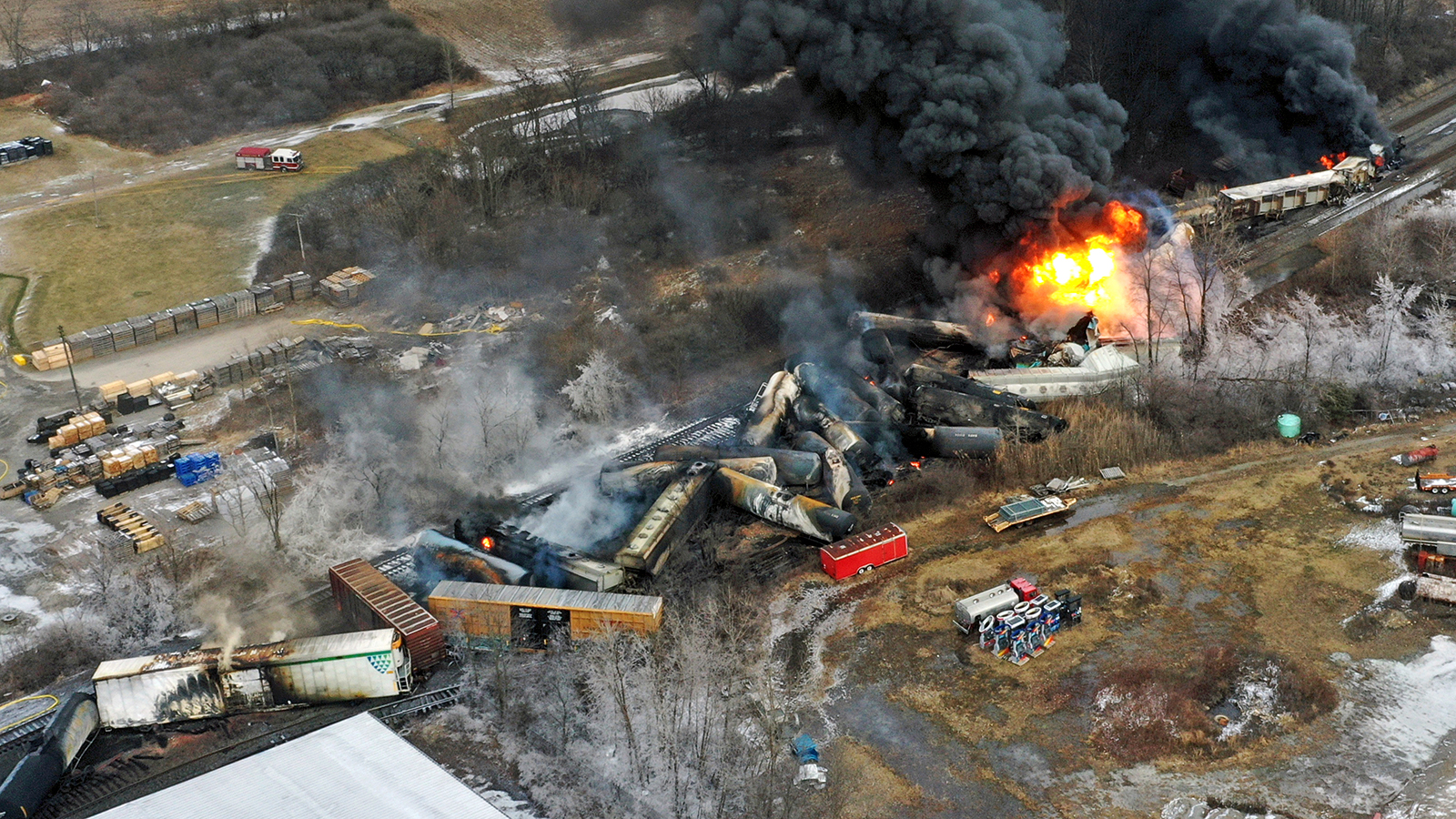 Portions of a Norfolk Southern freight train is seen on fire in East Palestine, Ohio, on February 4.