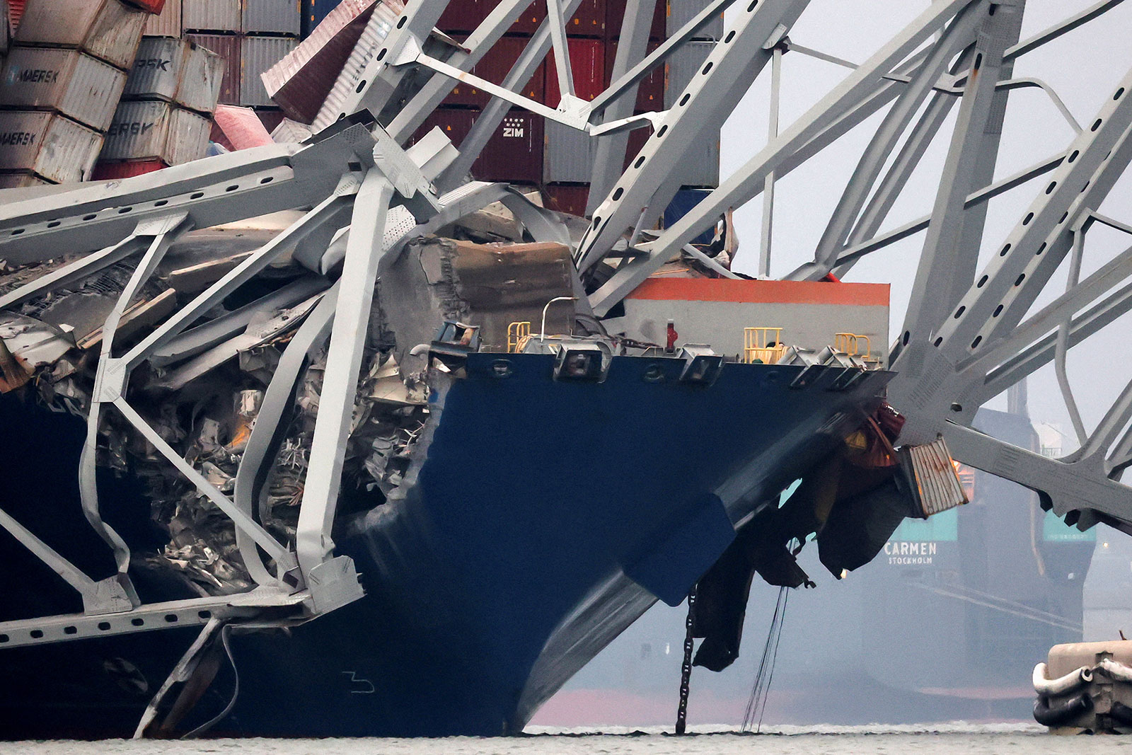 Portions of the collapsed Francis Scott Key Bridge are seen on the Dali cargo ship in Baltimore on Wednesday. 