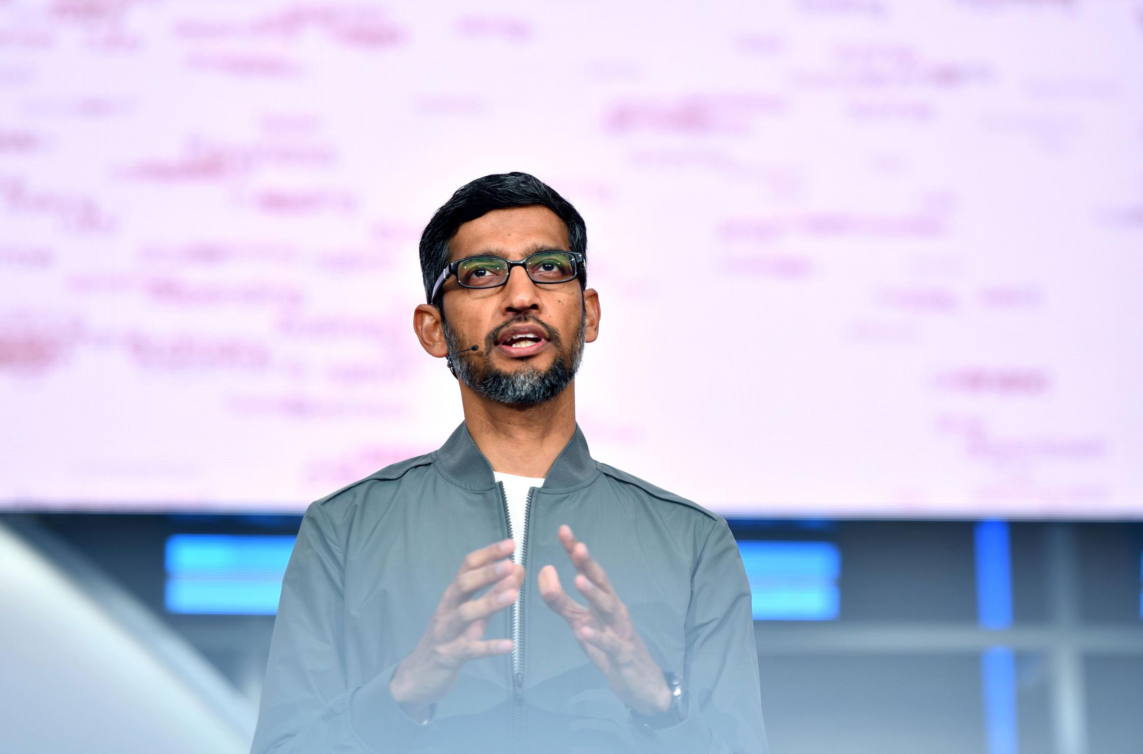 Google CEO Sundar Pichai speaks during the Google I/O keynote session at Shoreline Ampitheatre in Mountain View, California, on May 7, 2019.