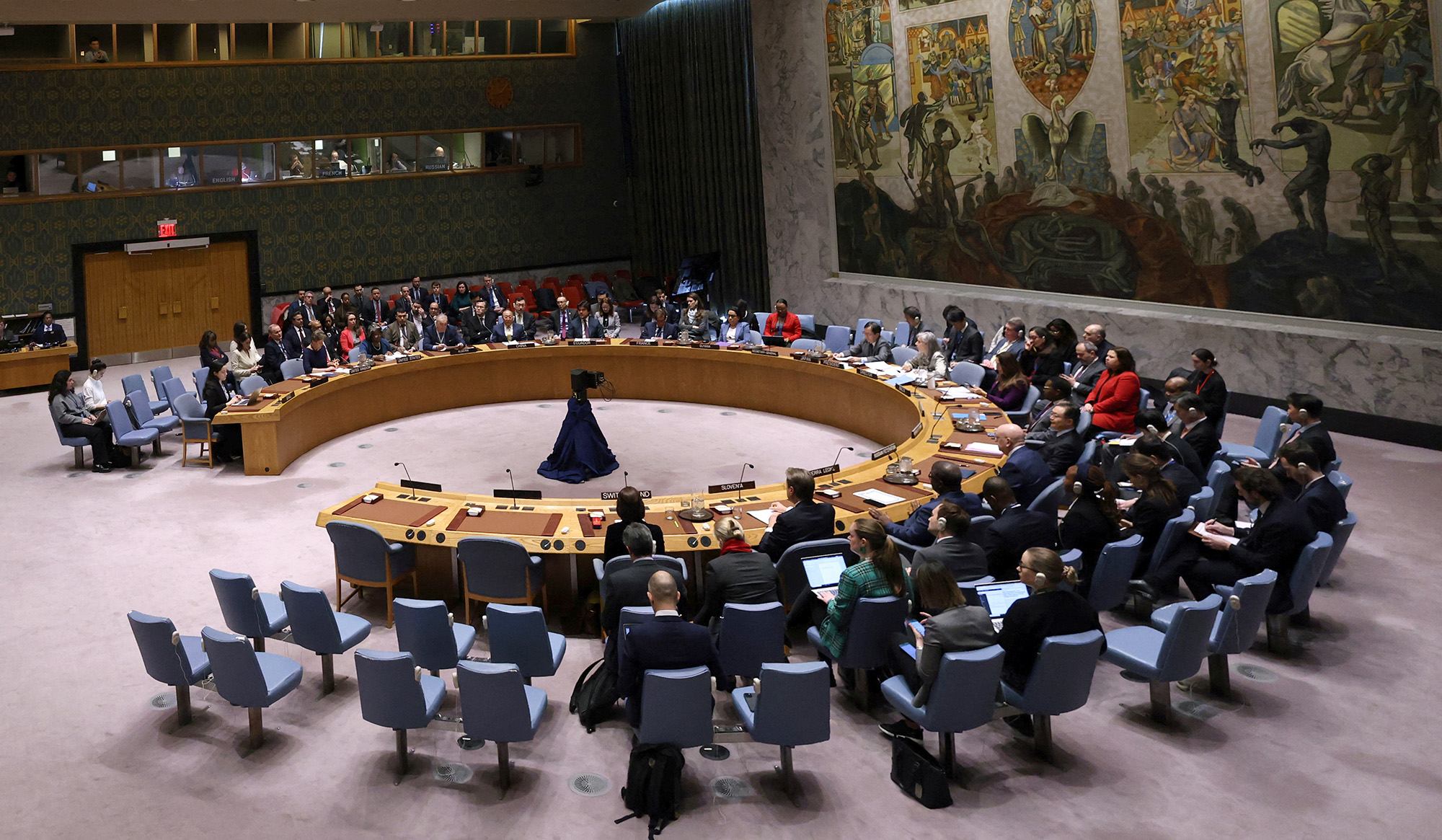 The United Nations Security Council meets to consider a United States-sponsored resolution calling for a ceasefire during the conflict between Israel and the Palestinian Islamist group Hamas, at U.N. headquarters in New York City on March 22.