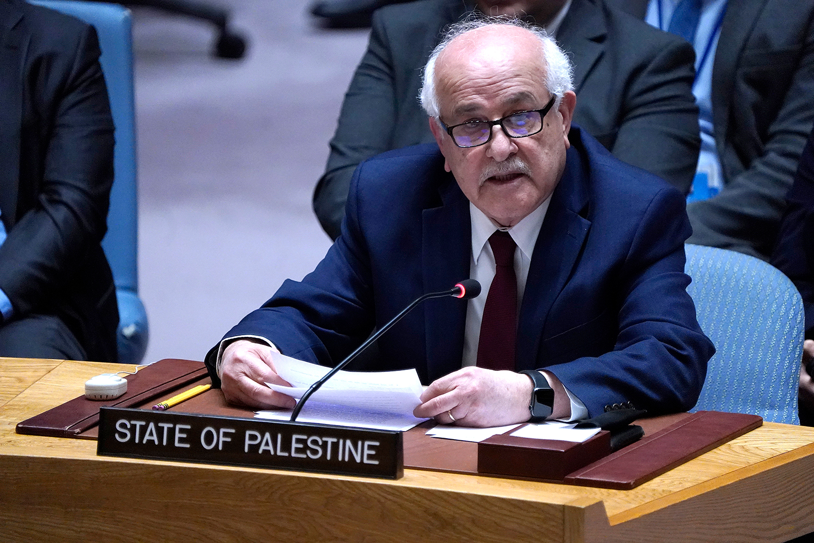 Riyad Mansour speaks during a Security Council meeting at United Nations Headquarters on March 11, in New York City.