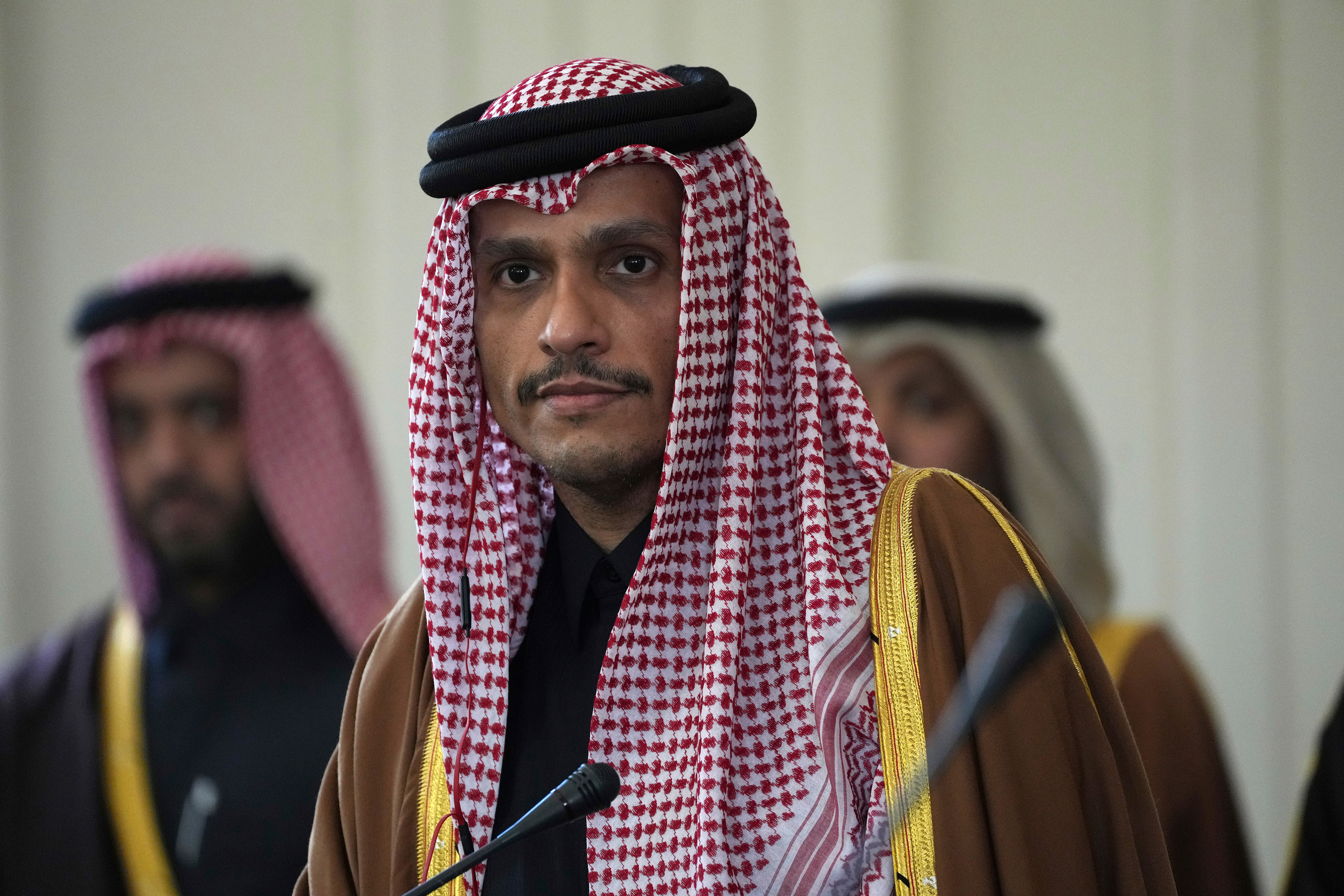 Qatari Prime Minister Sheikh Mohammed bin Abdulrahman Al Thani listens to a question during a press briefing in Tehran, Iran, on January 29, 2023.
