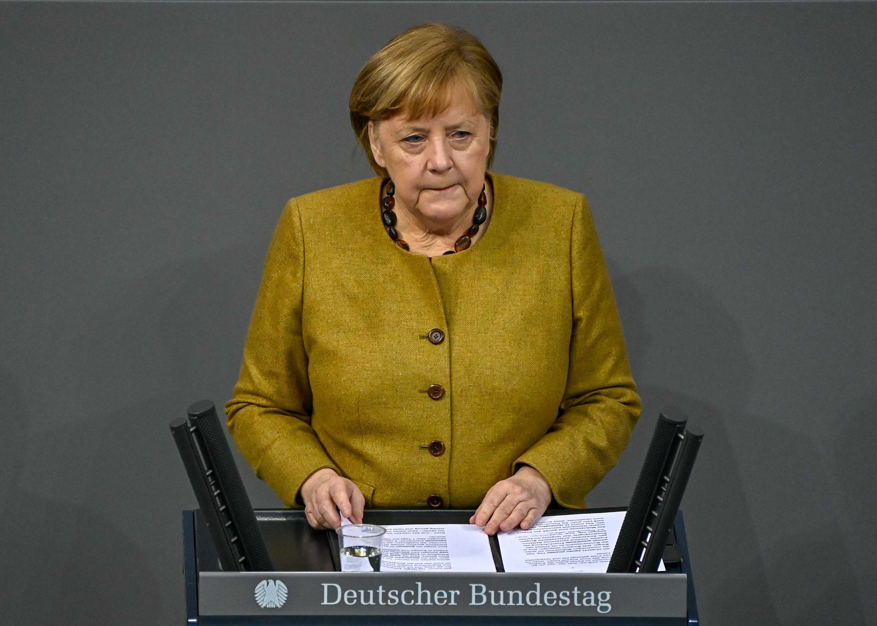 German Chancellor Angela Merkel addresses the Bundestag on the government's measures to fight the coronavirus pandemic, on February 11, in Berlin. 