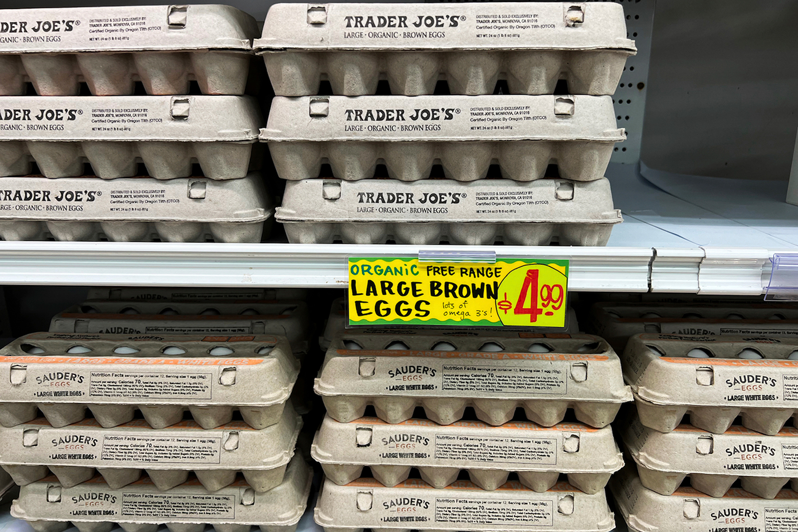 Eggs are displayed on shelves at a store in Portland, Maine, on January 27, 2023.