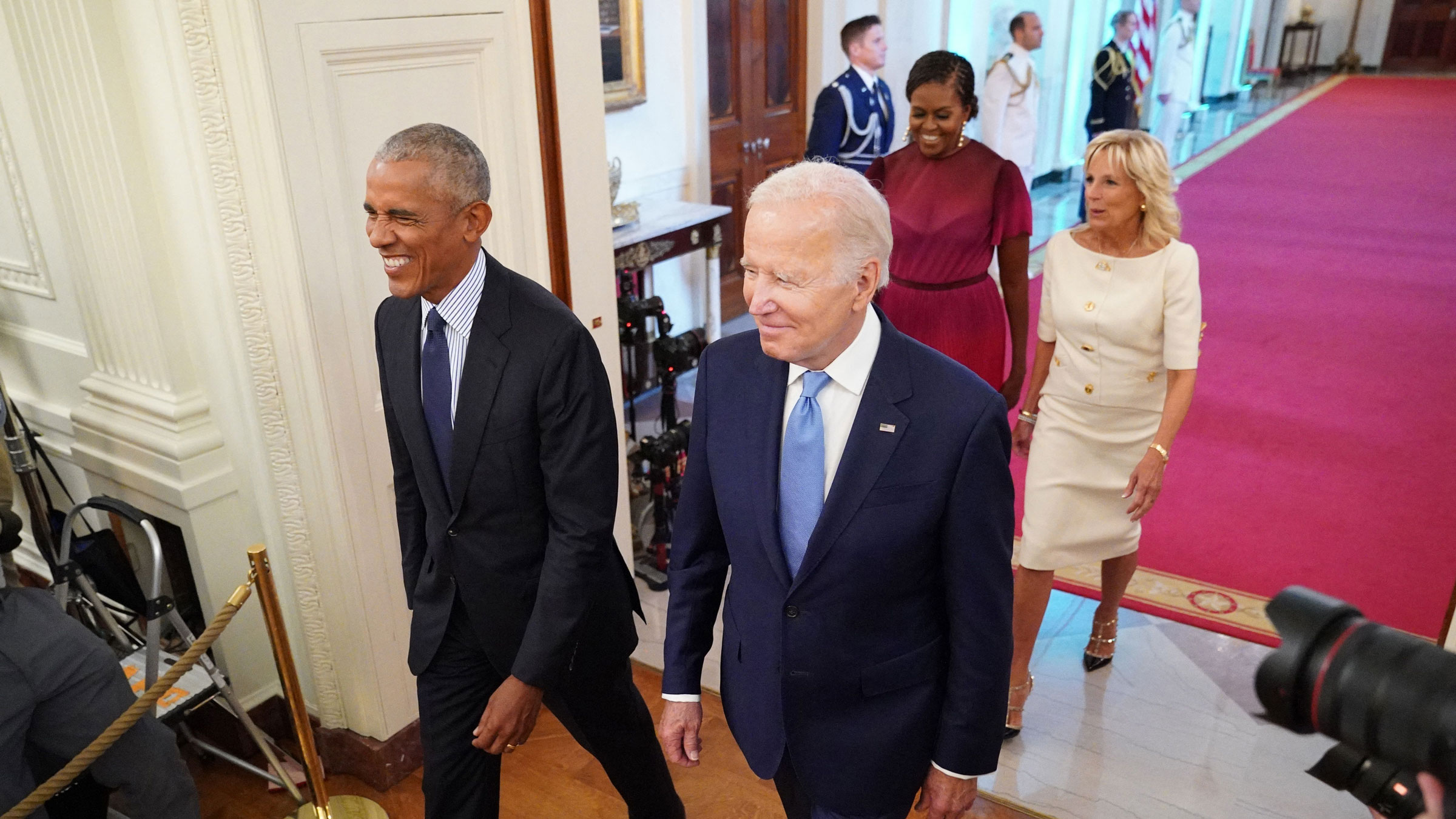 Former President Barack Obama and President Joe Biden are trailed by former first lady Michelle Obama and first lady Jill Biden as they arrive for Wednesday's ceremony.