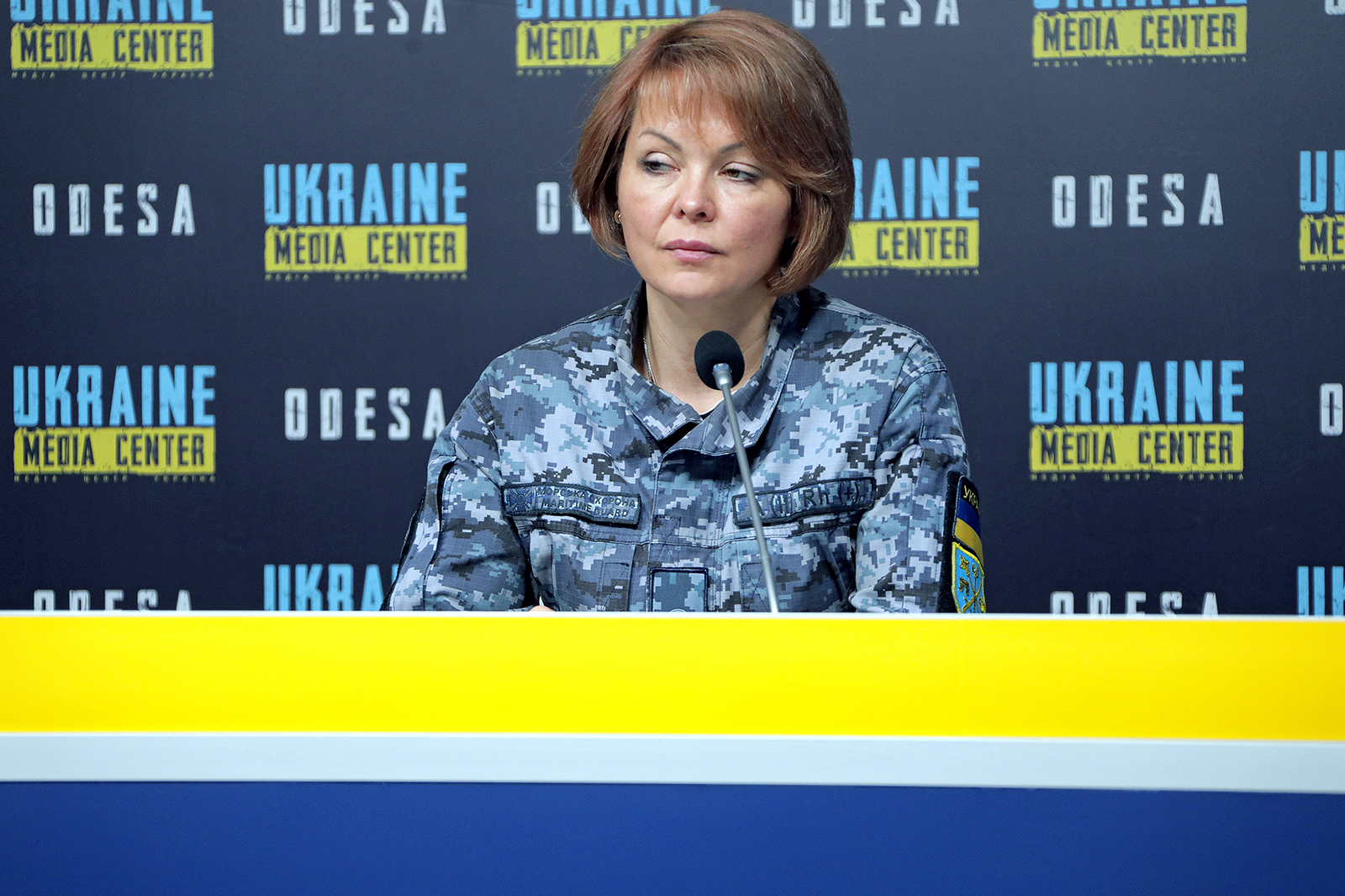 Natalia Humeniuk speaks during a briefing  in Odesa, southern Ukraine on May 4.