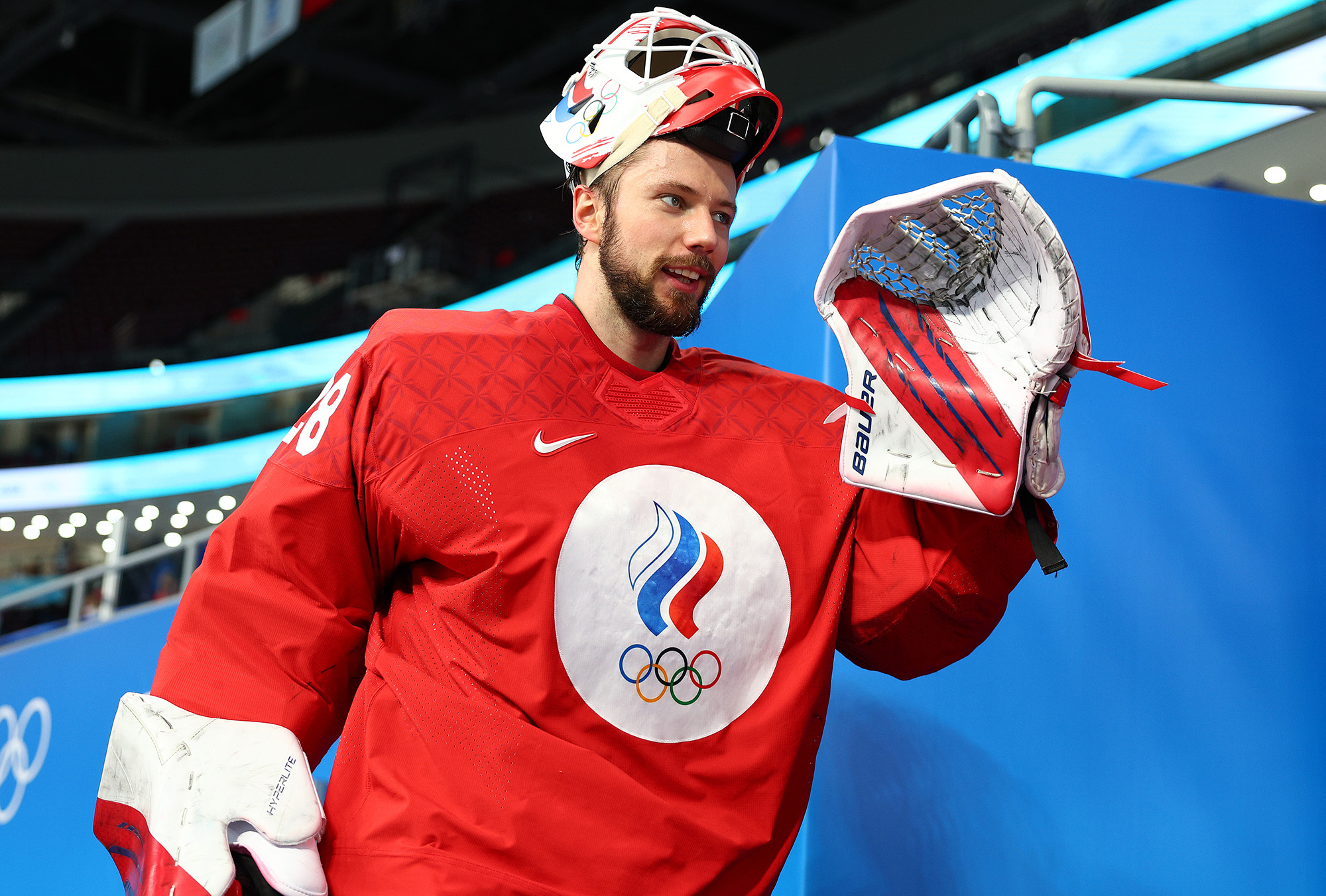 Russian goalkeeper Ivan Fedotov leaves the rink after defeating Team Denmark 3-1 in the men’s ice hockey quarterfinal match between Team ROC and Team Denmark at the Beijing 2022 Winter Olympic Games on February 16, in Beijing, China.