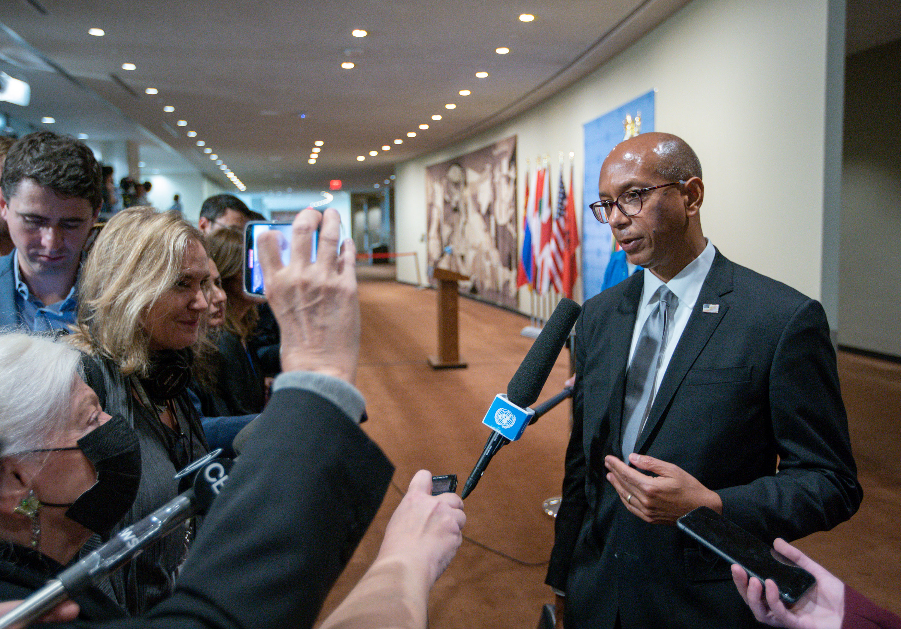 Deputy US Ambassador to the UN Robert Wood speaks to reporters ahead of a United Nations Security Council meeting on Sunday, October 8. 