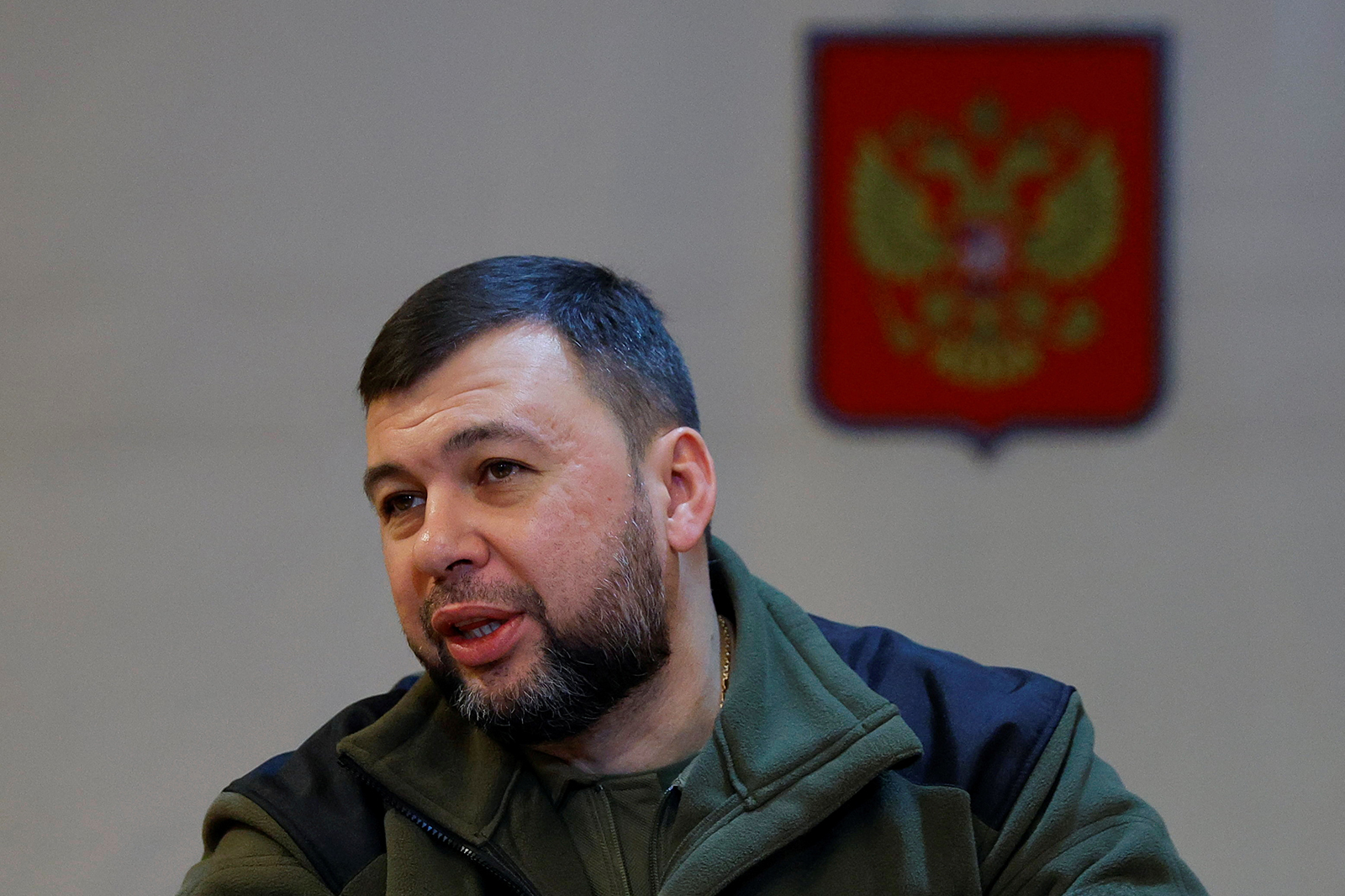 Denis Pushilin attends a meeting in Amvrosiivka, Donetsk region, on November 6, 2022.