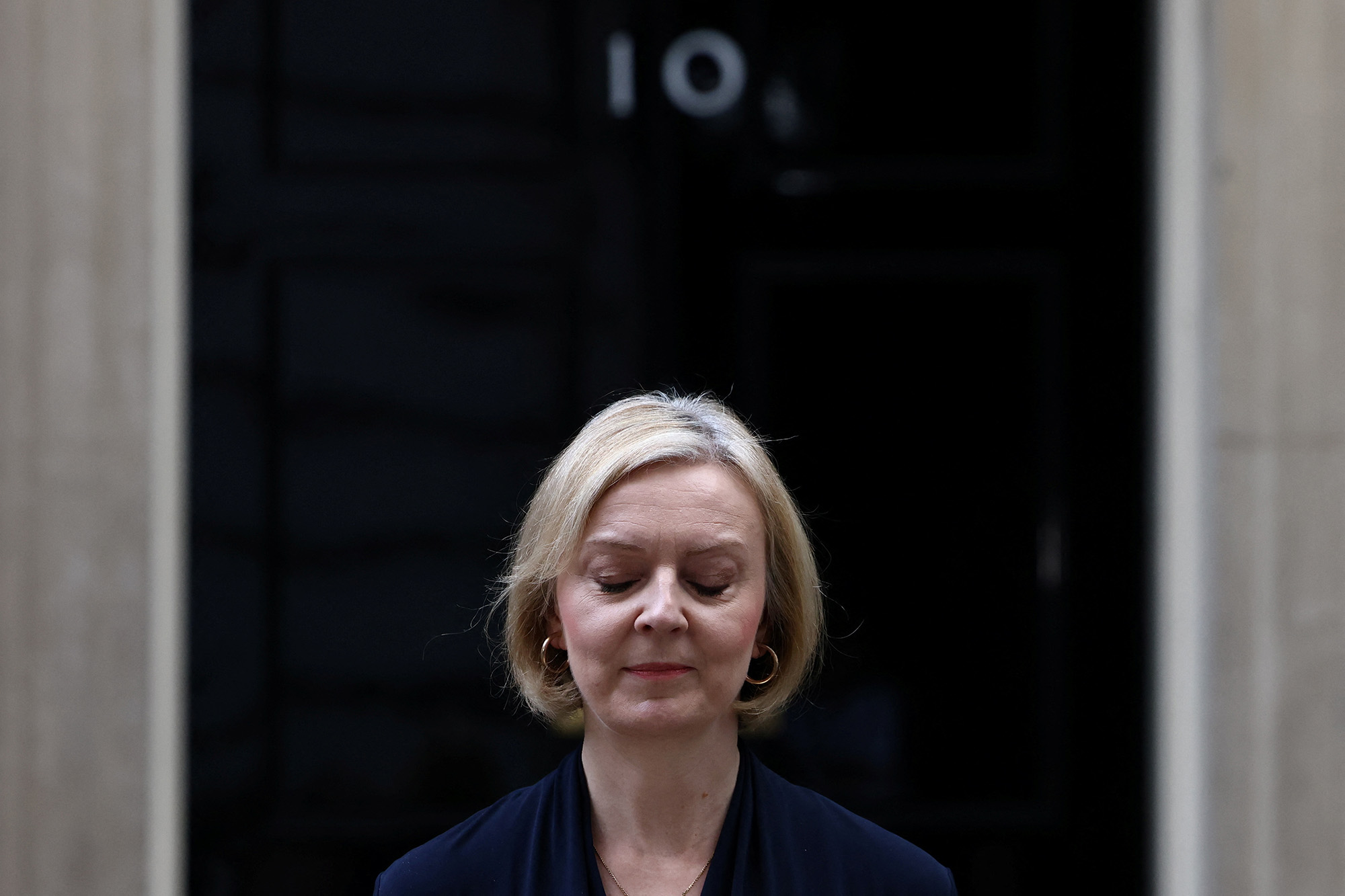 British Prime Minister Liz Truss announces her resignation, outside Number 10 Downing Street, London, on October 20.