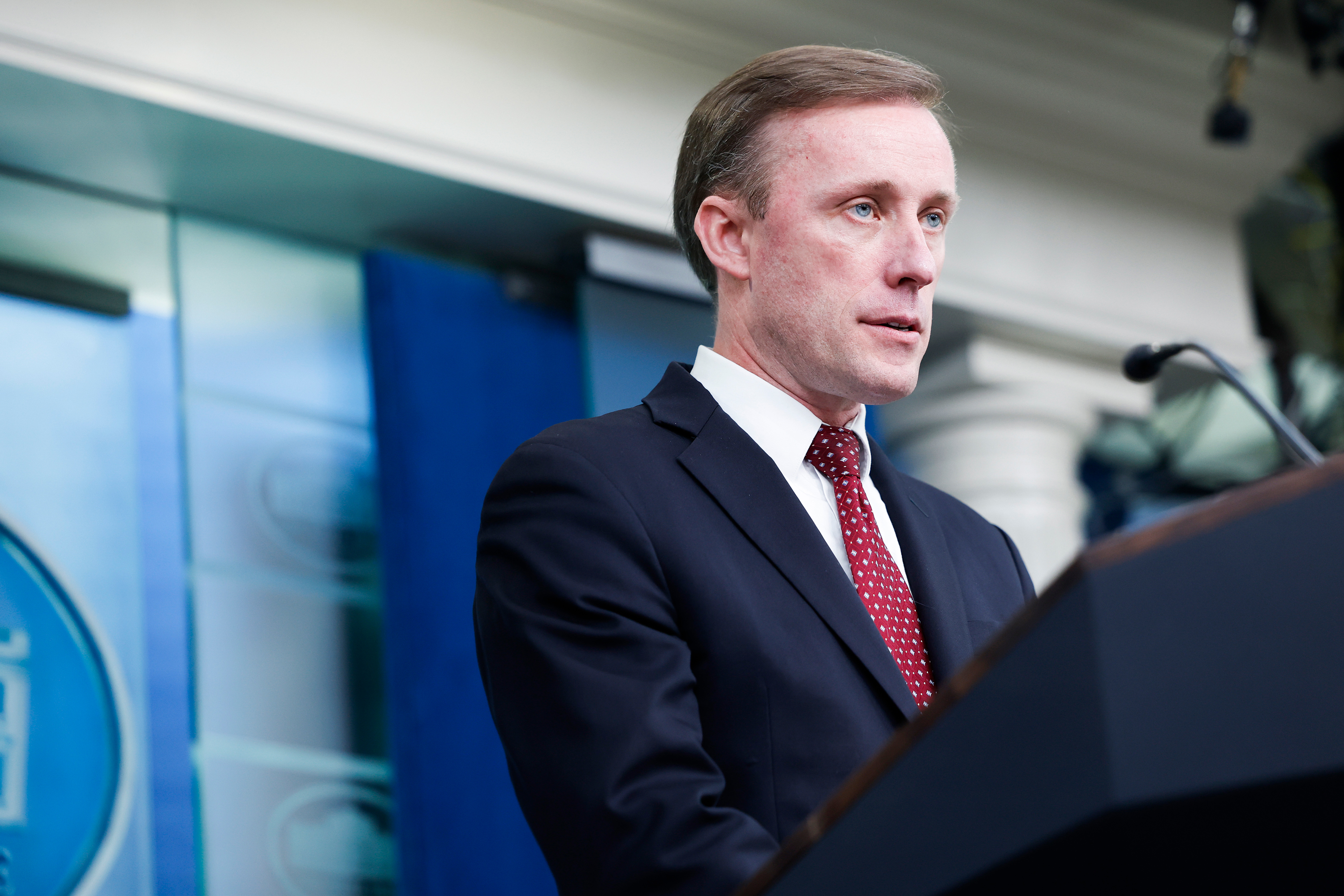 Jake Sullivan speaks during a news briefing at the White House in Washington, DC on December 4, 2023.