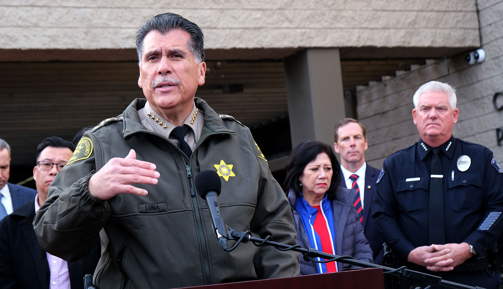 Los Angeles County Sheriff Robert Luna delivers remarks during a press conference in Monterey Park on Sunday, January 22.