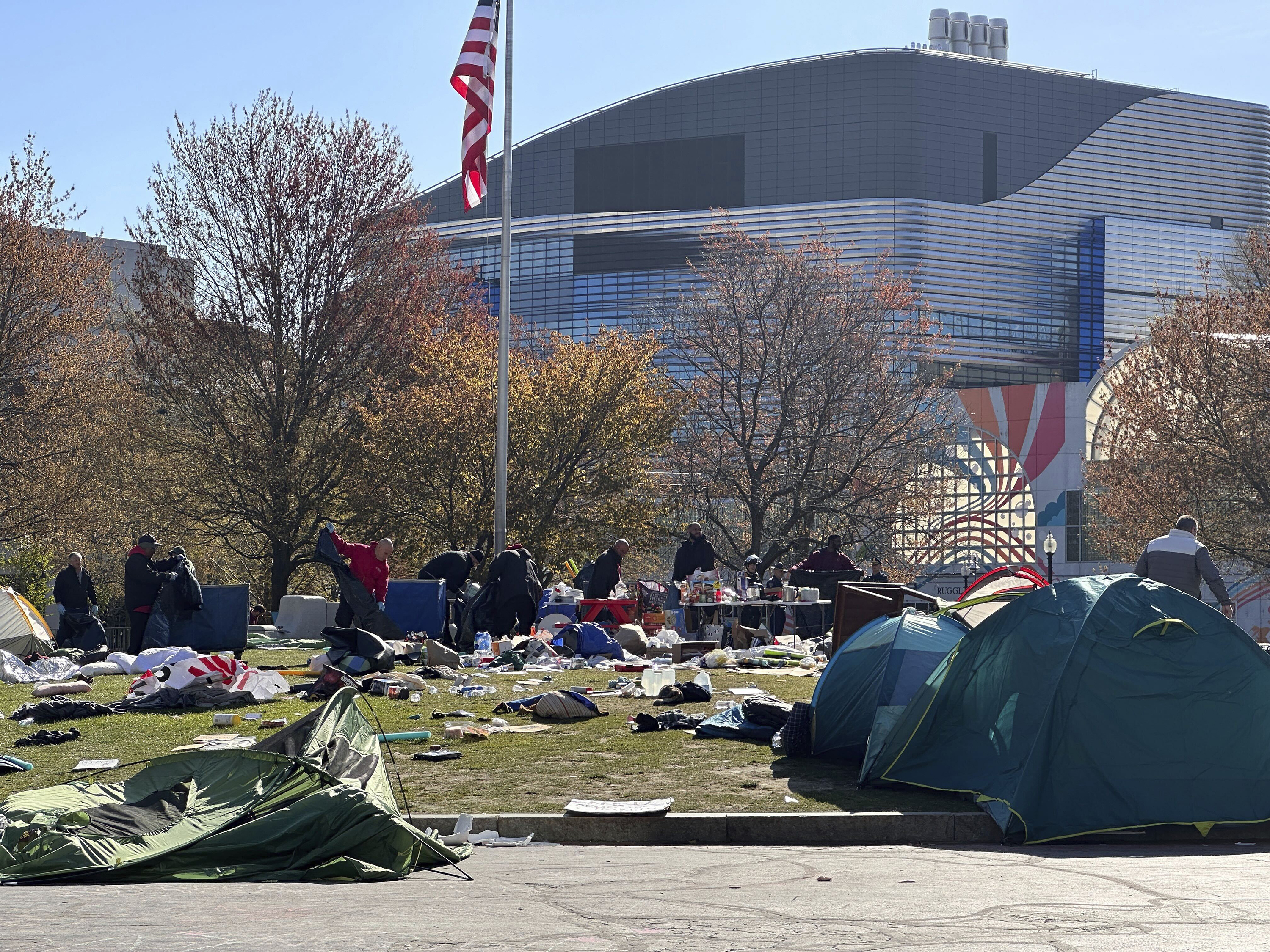 An encampment is cleared at Northeastern University in Boston on April 27.