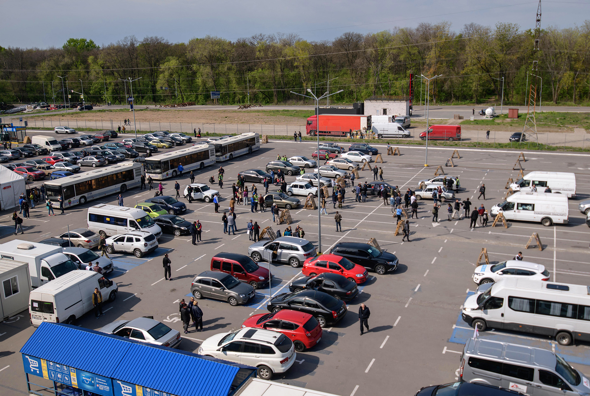 A general view shows a registration and processing area for internally displaced people arriving from Russian-occupied territories in Ukraine, in Zaporizhzhia, Ukraine, on May 2.