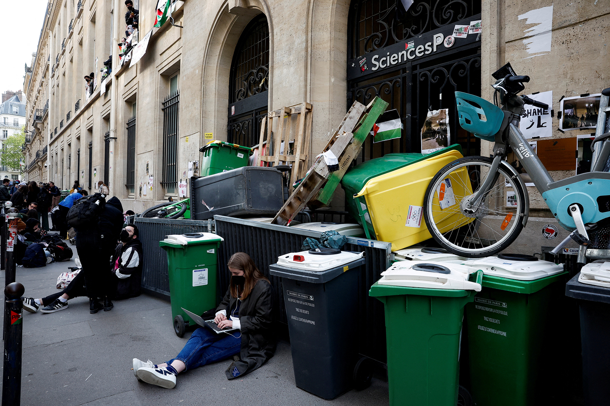 A blockade is seen in front of Sciences Po university in Paris, France, on April 26. 